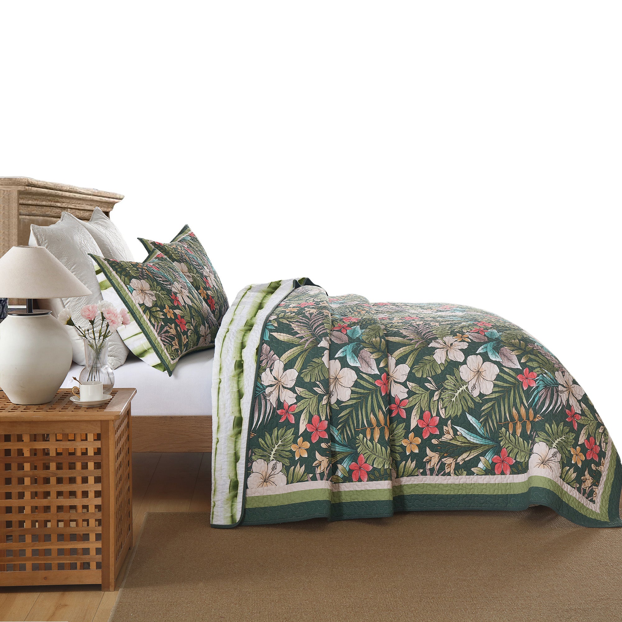 3 Piece Lightweight Polyester Tropical Leaf and Flower Quilt Bedspread Set BY223
