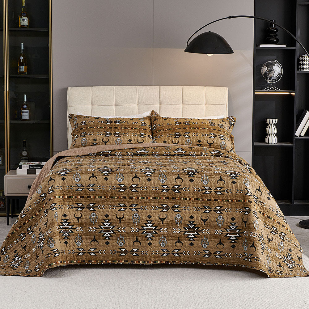 3 Pcs Boho Colorful Polyester Quilt Set, Geometry Printed Bedspread Coverlet Set with 2 Pillowcases,Soft Bohemian Bedding Set