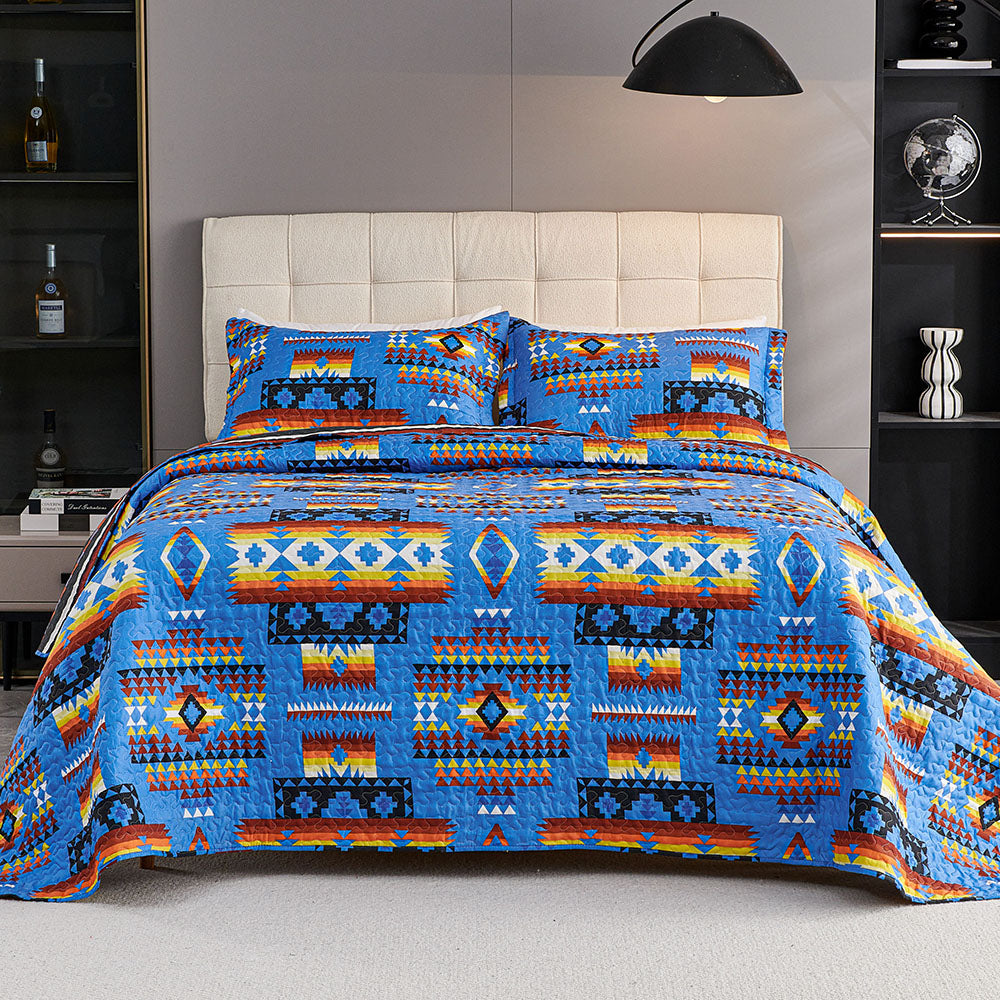 3 Pcs Boho Colorful Polyester Quilt Set, Geometry Printed Bedspread Coverlet Set with 2 Pillowcases,Soft Bohemian Bedding Set