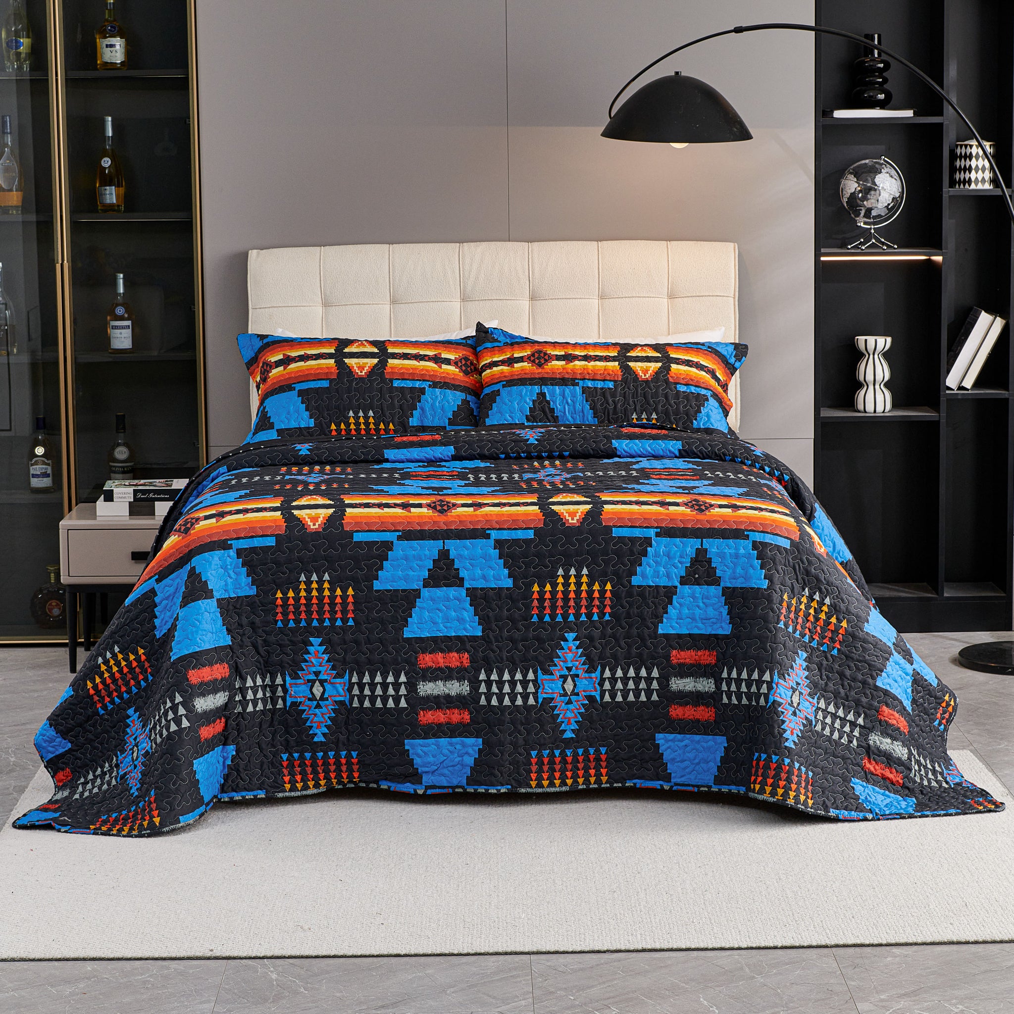 3 Pcs Boho Colorful Polyester Quilt Set, Geometry Printed Bedspread Coverlet Set with 2 Pillowcases,Soft Bohemian Bedding Set