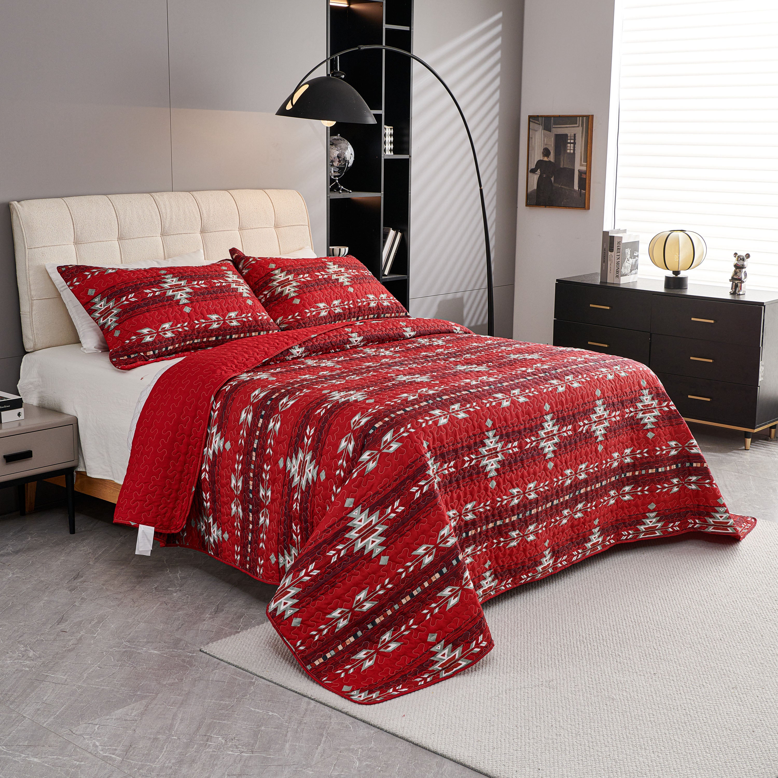 3 Piece Boho Colorful Geometric Printed Quilt Bedspread Set SS