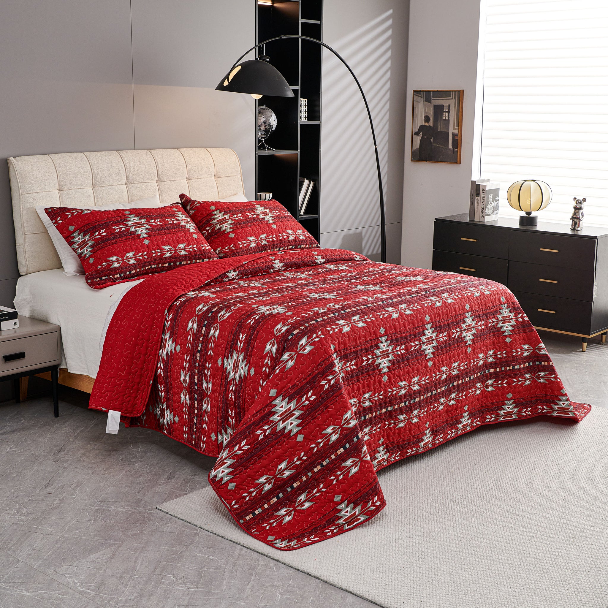 3 Pcs Boho Colorful Polyester Quilt Set, Geometry Printed Bedspread Coverlet Set with 2 Pillowcases,Soft Bohemian Bedding Set