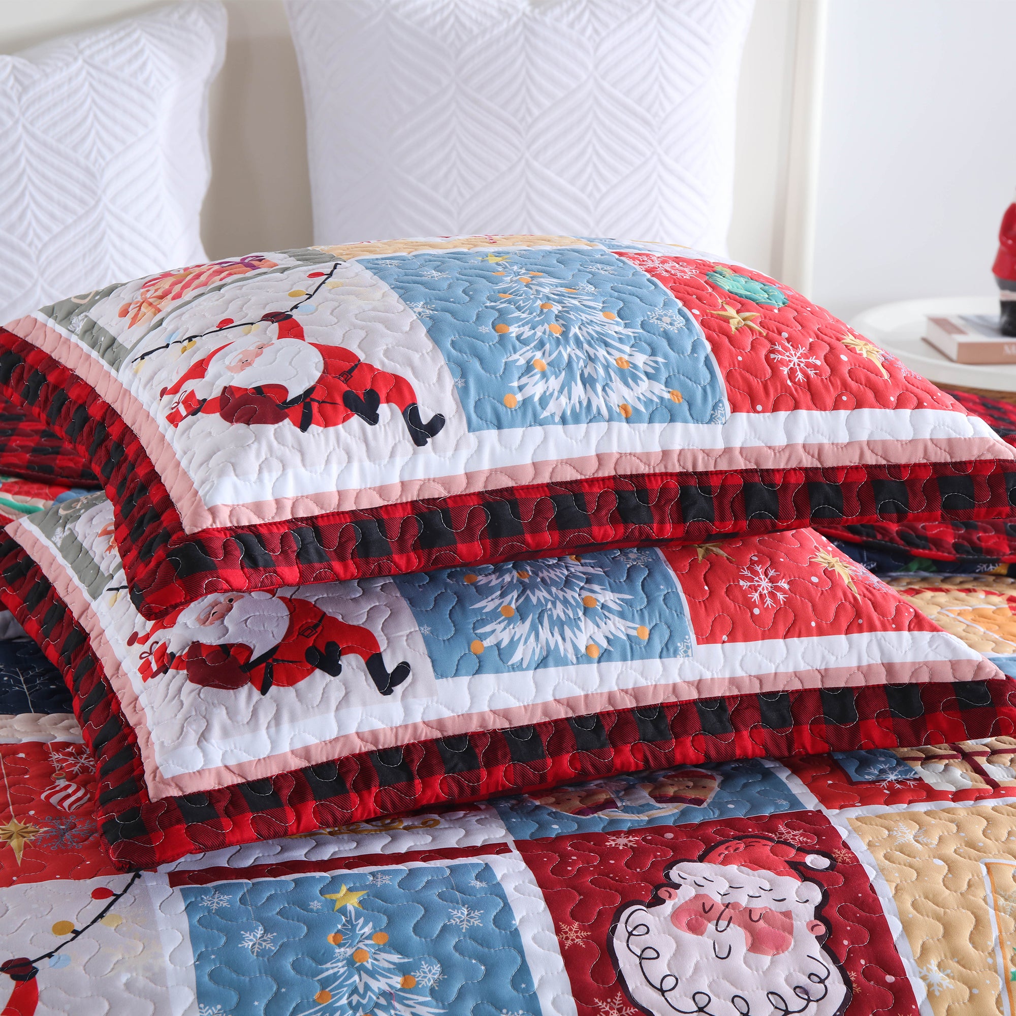 3 Piece Christmas Quilt Set, Santa Patchwork Plaid Bedspread C104
