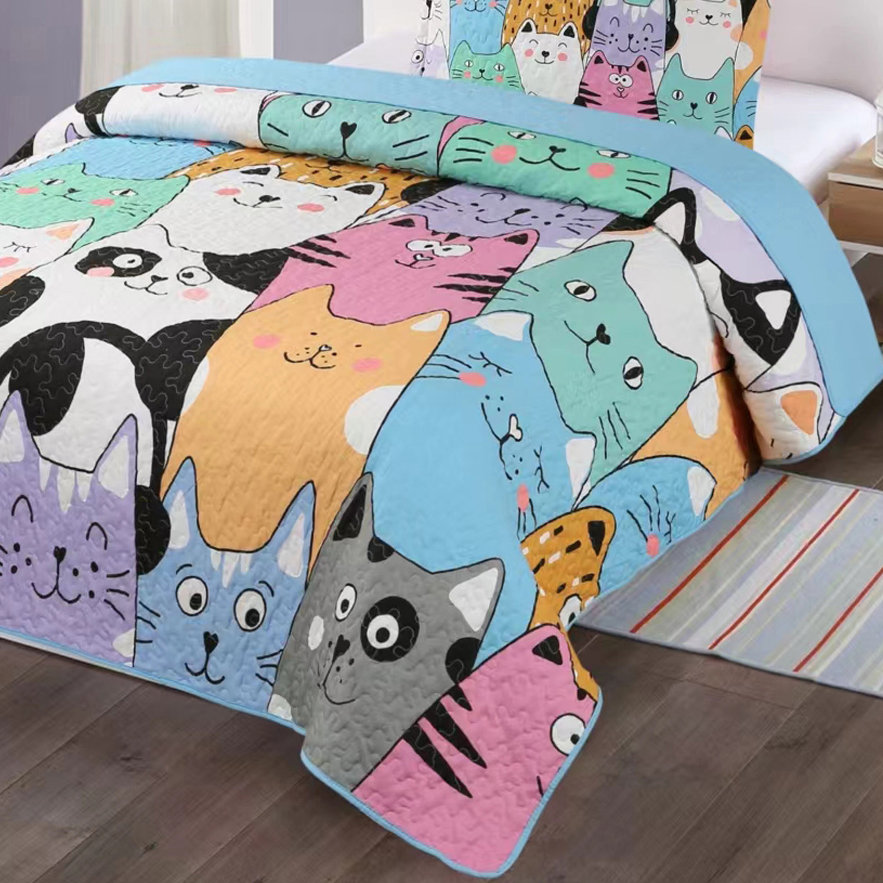 3 Piece Cat Print Quilt Set for Kids - Colorful Bedspread WX202