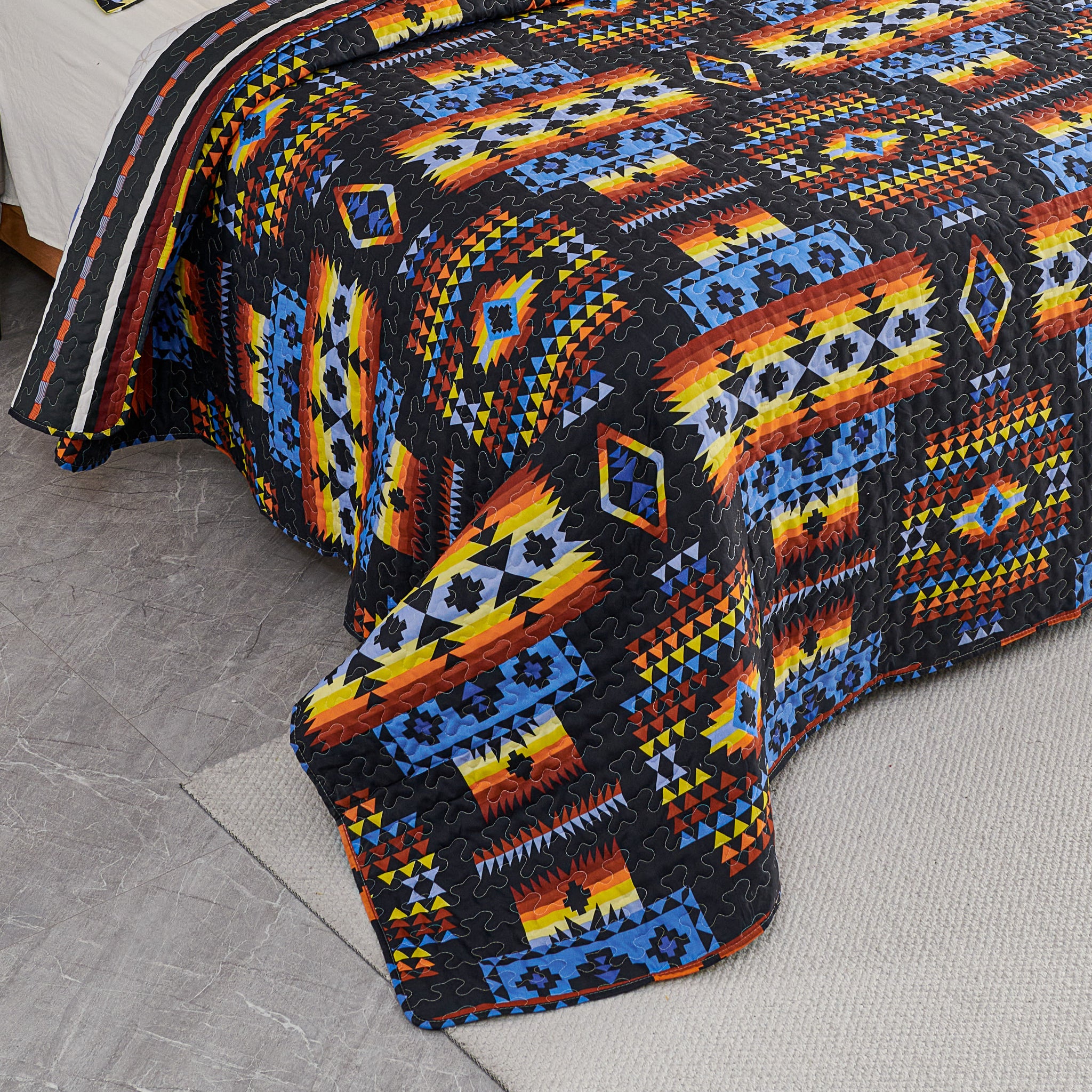 3 Pcs Boho Colorful Polyester Quilt Set, Geometry Printed Bedspread Coverlet Set with 2 Pillowcases,Soft Bohemian Bedding Set