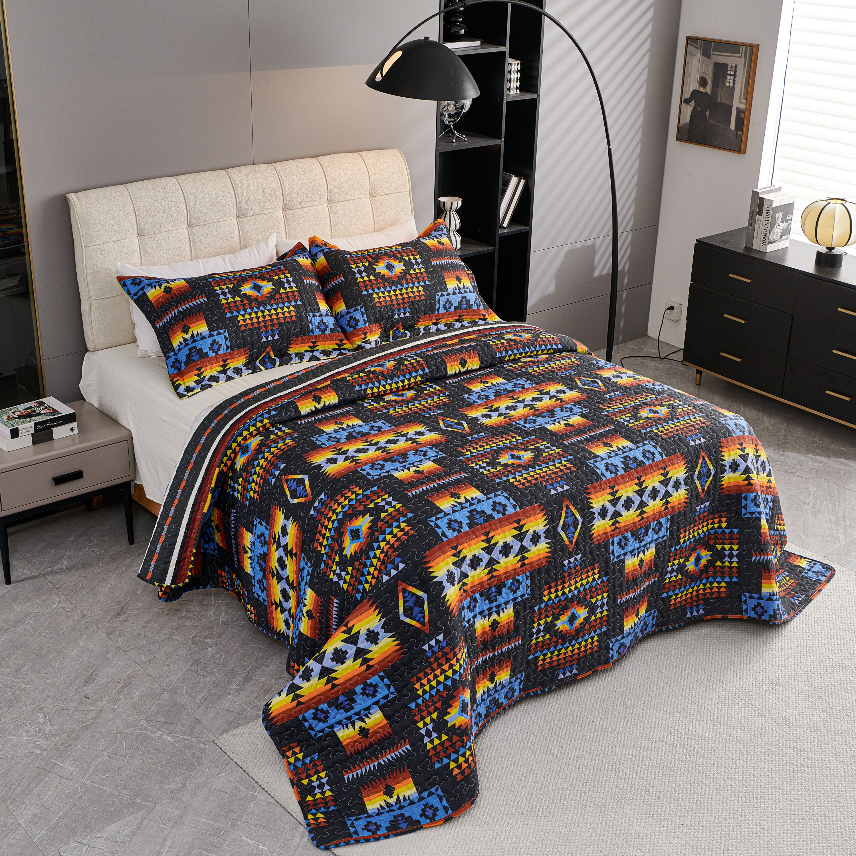 3 Piece Boho Colorful Geometric Printed Quilt Bedspread Set SS