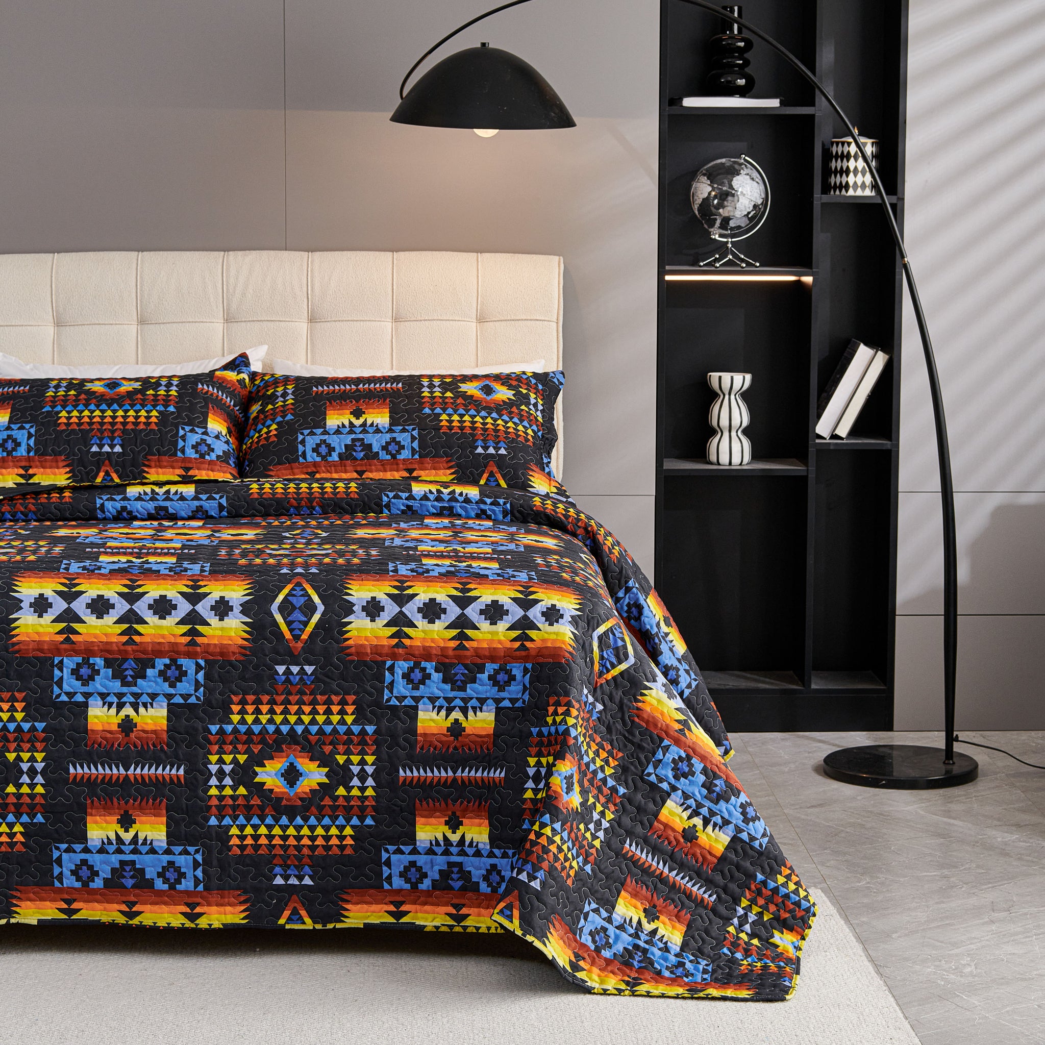 3 Pcs Boho Colorful Polyester Quilt Set, Geometry Printed Bedspread Coverlet Set with 2 Pillowcases,Soft Bohemian Bedding Set