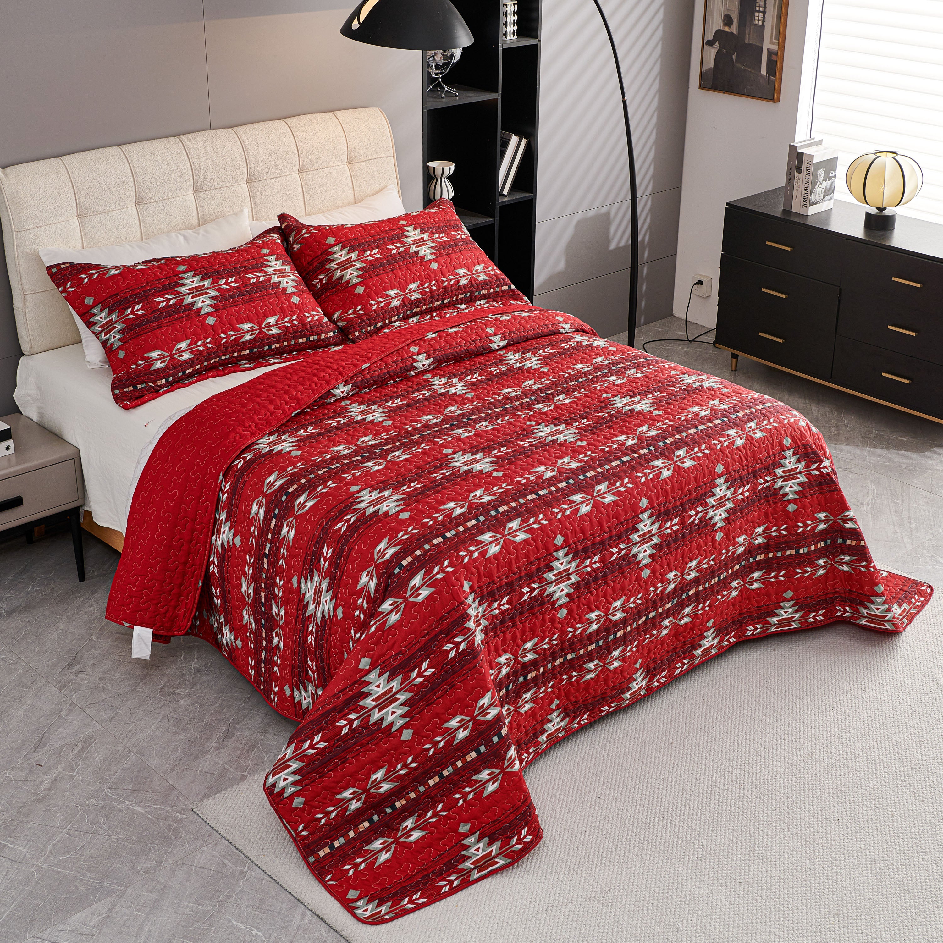 3 Piece Boho Colorful Geometric Printed Quilt Bedspread Set SS