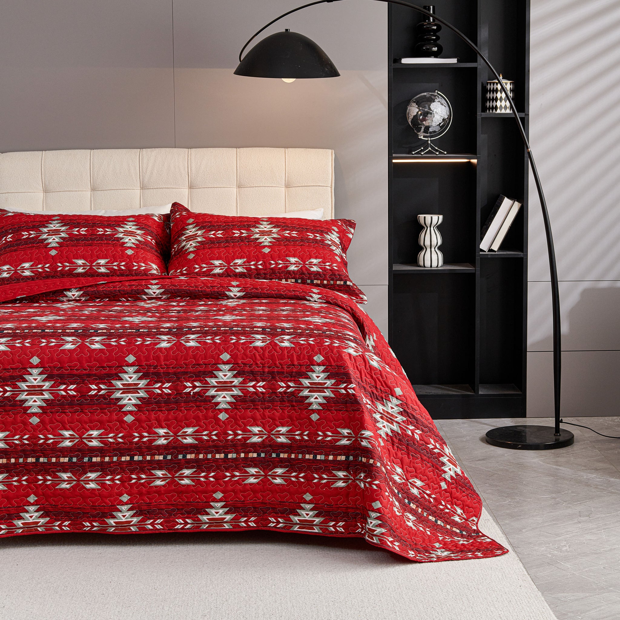3 Pcs Boho Colorful Polyester Quilt Set, Geometry Printed Bedspread Coverlet Set with 2 Pillowcases,Soft Bohemian Bedding Set