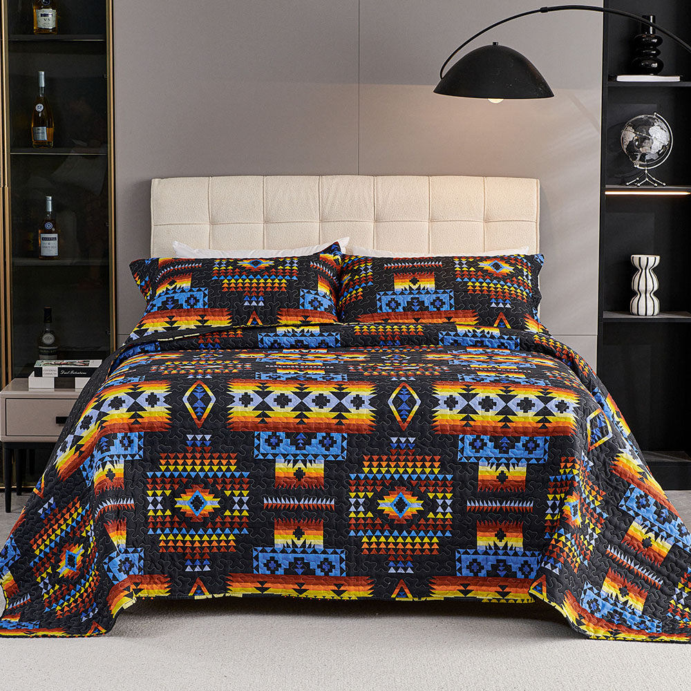 3 Piece Boho Colorful Geometric Printed Quilt Bedspread Set SS