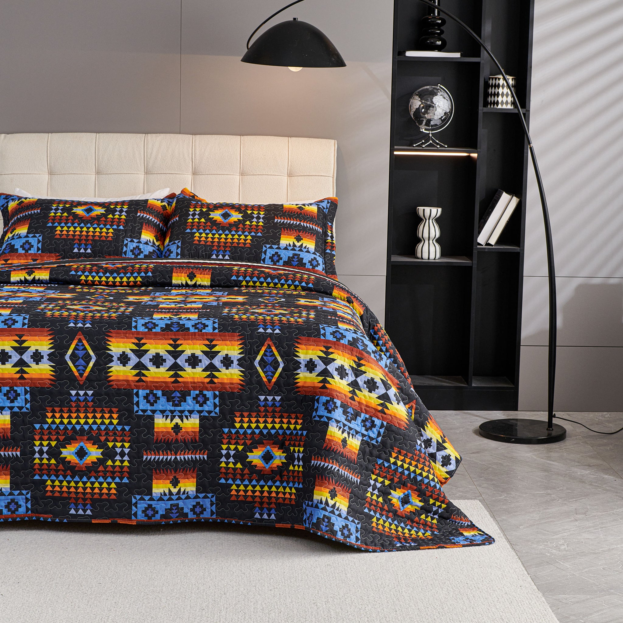 3 Pcs Boho Colorful Polyester Quilt Set, Geometry Printed Bedspread Coverlet Set with 2 Pillowcases,Soft Bohemian Bedding Set