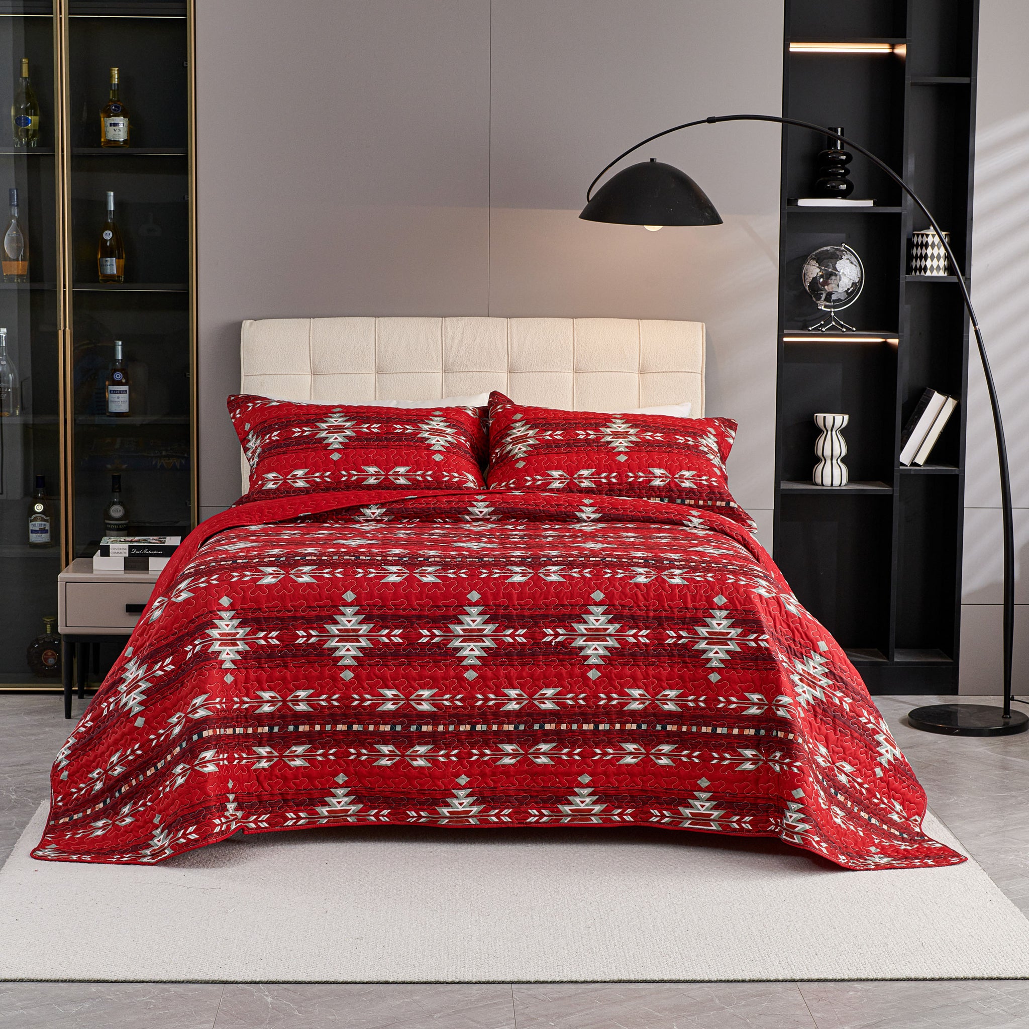 3 Pcs Boho Colorful Polyester Quilt Set, Geometry Printed Bedspread Coverlet Set with 2 Pillowcases,Soft Bohemian Bedding Set