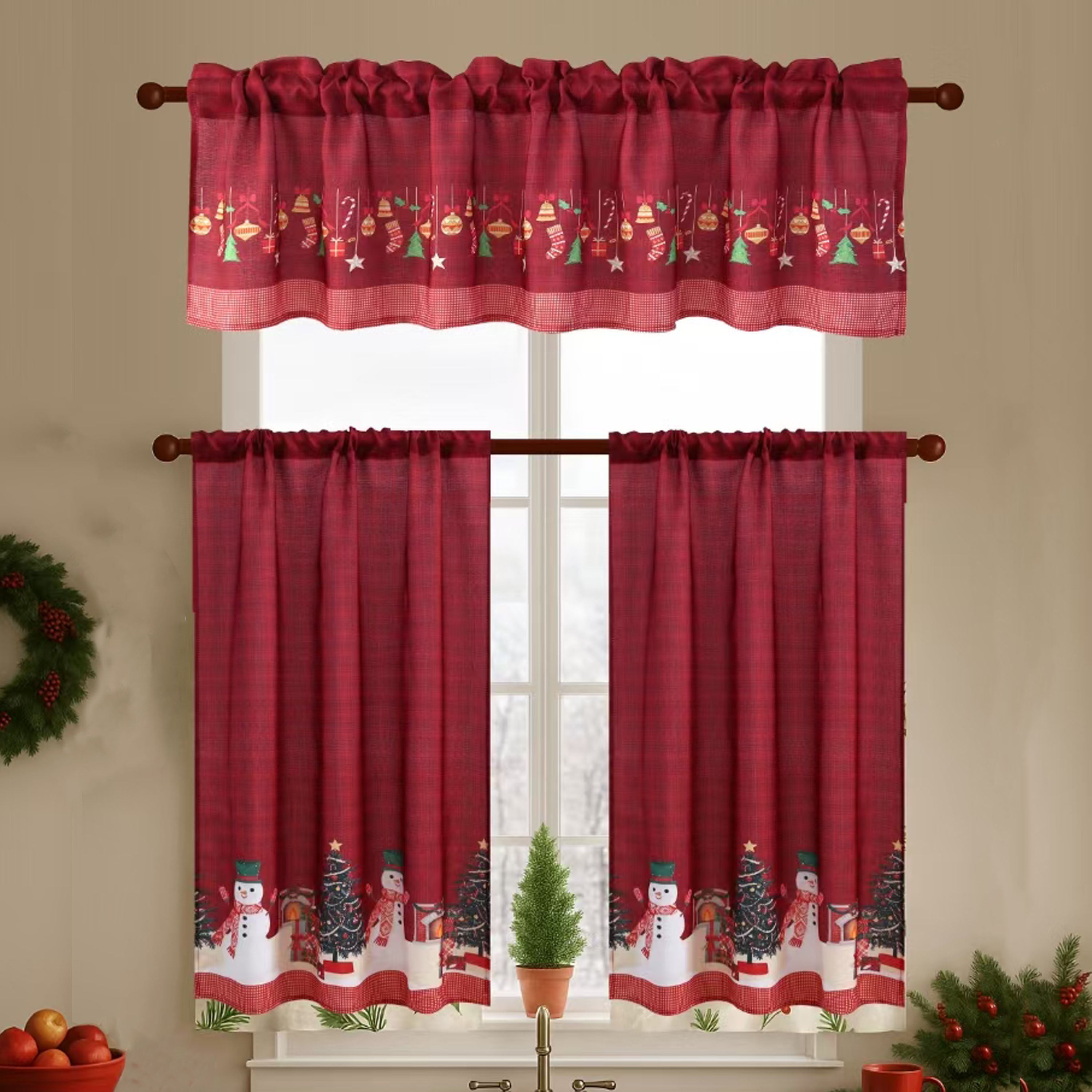 Christmas Kitchen Curtains 3 Piece Set – Snowman Holiday Valance & Tiers