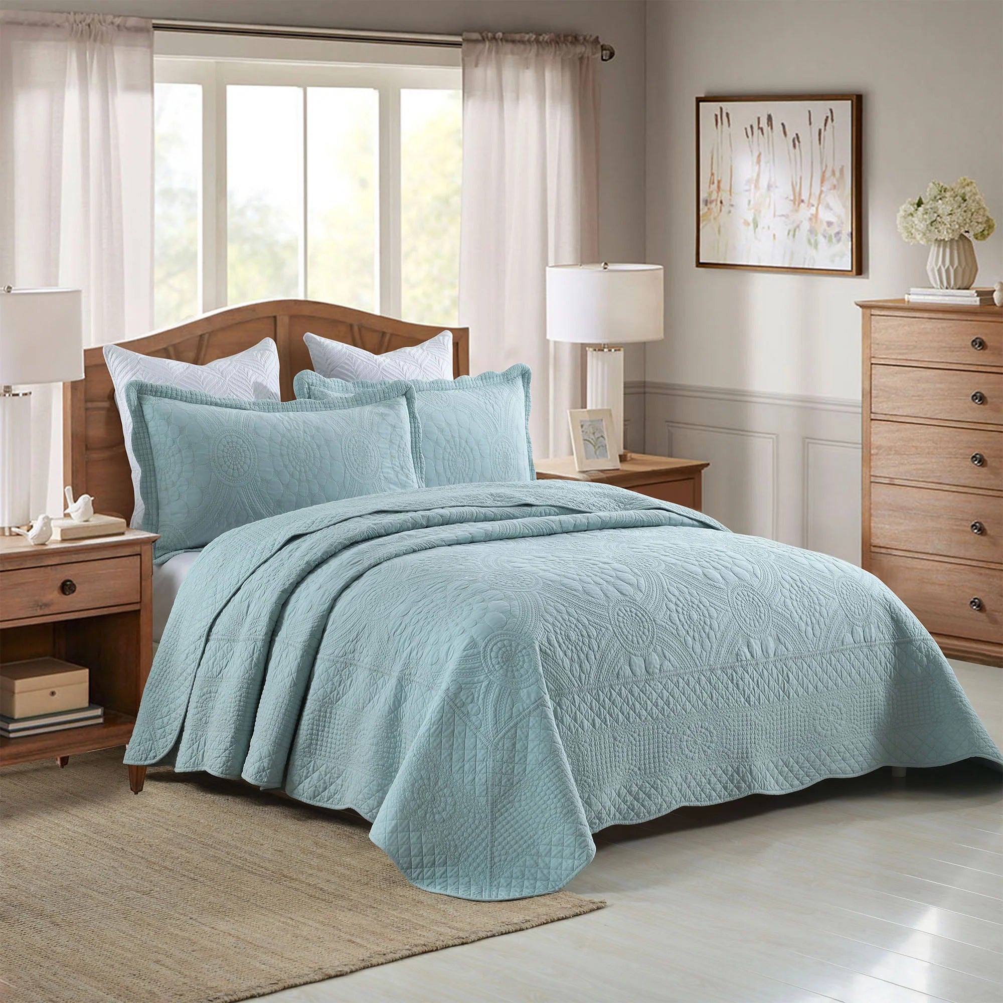 3 Pcs 100% Cotton Embroidered Quilt Bedspread Set, Queen & King Sizes
