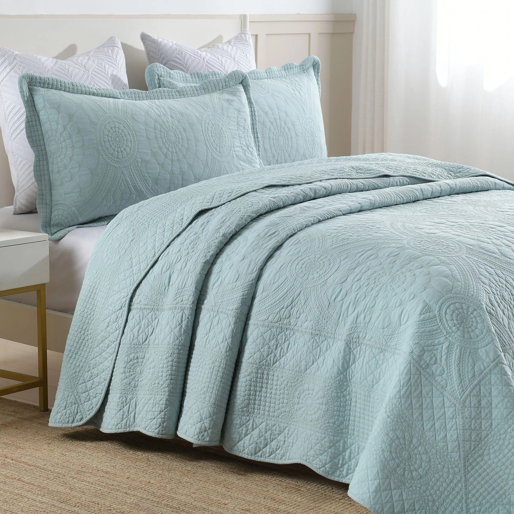 3 Pcs 100% Cotton Embroidered Quilt Bedspread Set, Queen & King Sizes