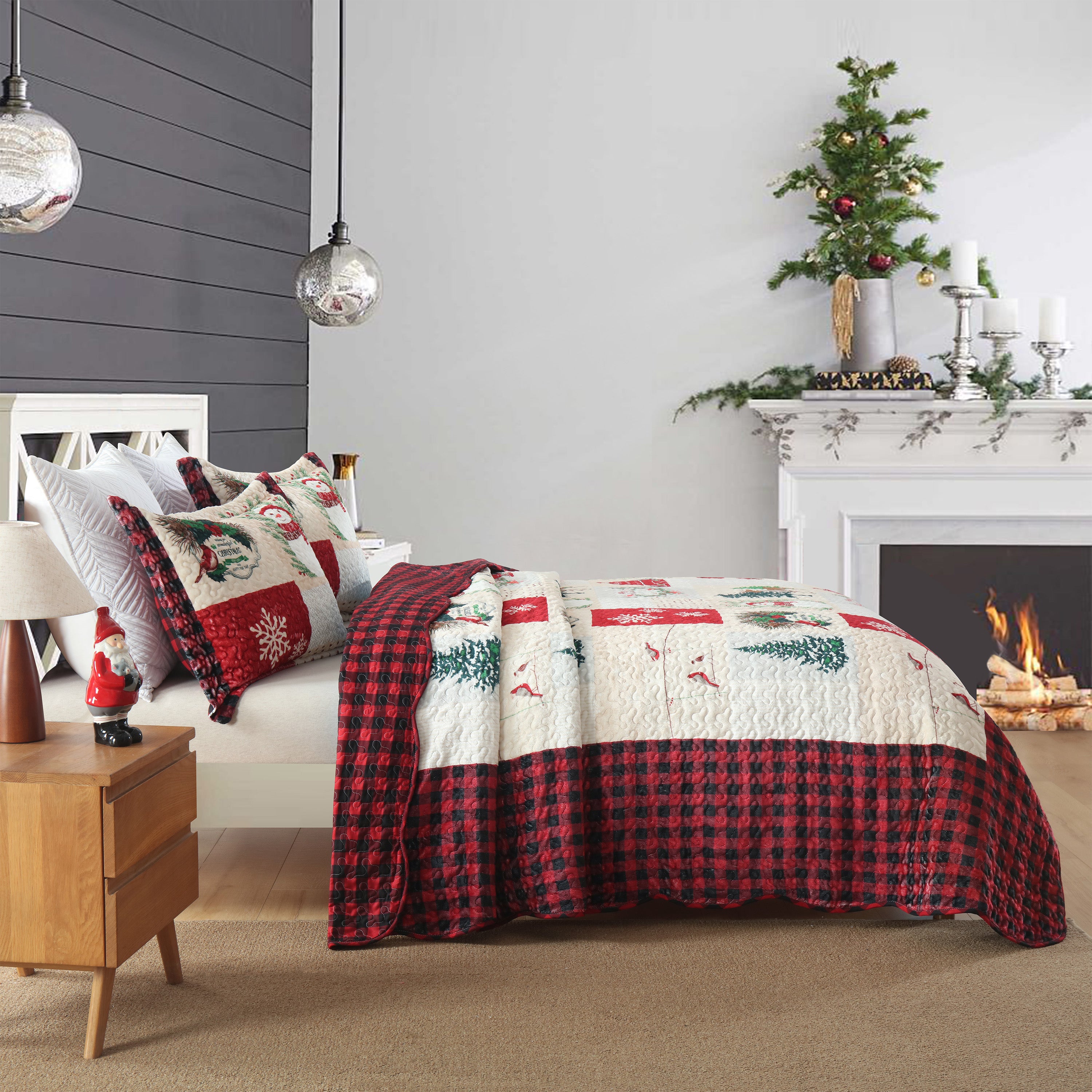 3 Piece Velvet Quilted Christmas Quilt Bedspread Set BYV208
