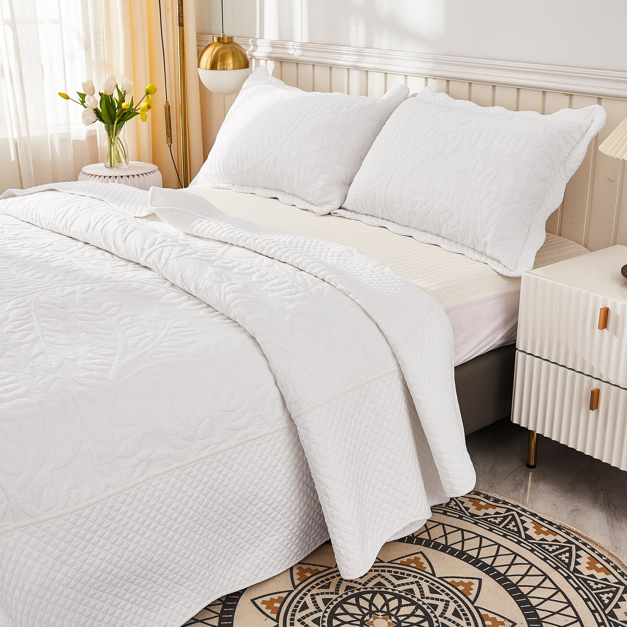 3 Pcs 100% Cotton Embroidered Quilt Bedspread Set, Queen & King Sizes