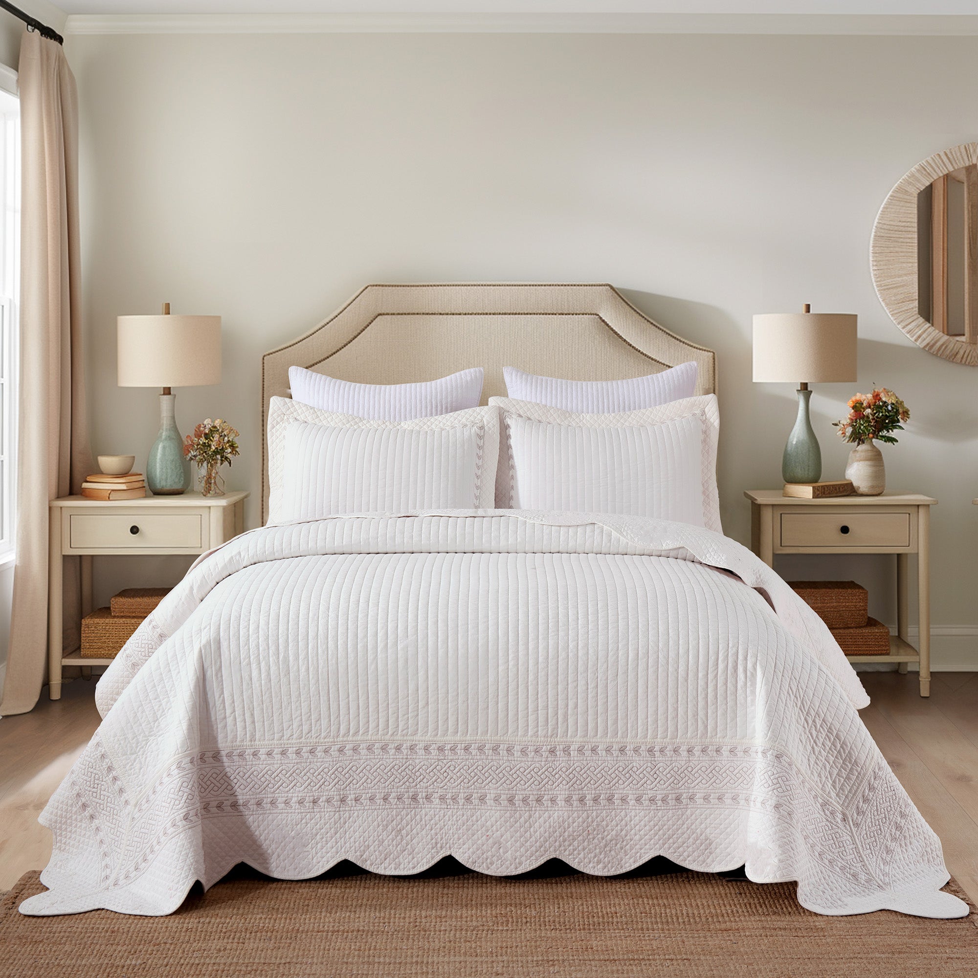 3 Piece 100% Cotton White Stripe Quilt Set – Classic Embroidered Bedspread TC150