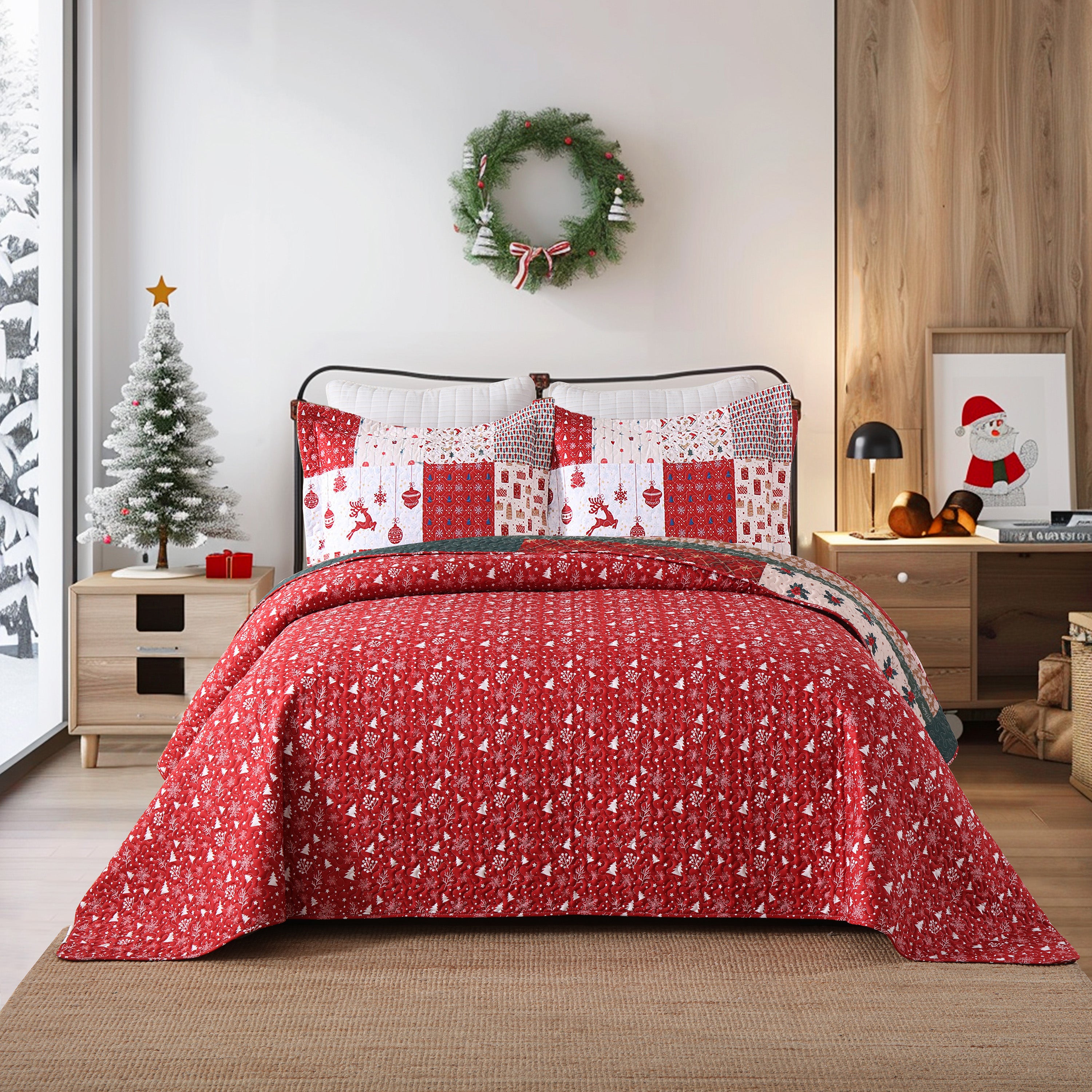 3 Piece Reversible Christmas Holiday Patchwork Quilt Bedspread Set BY216