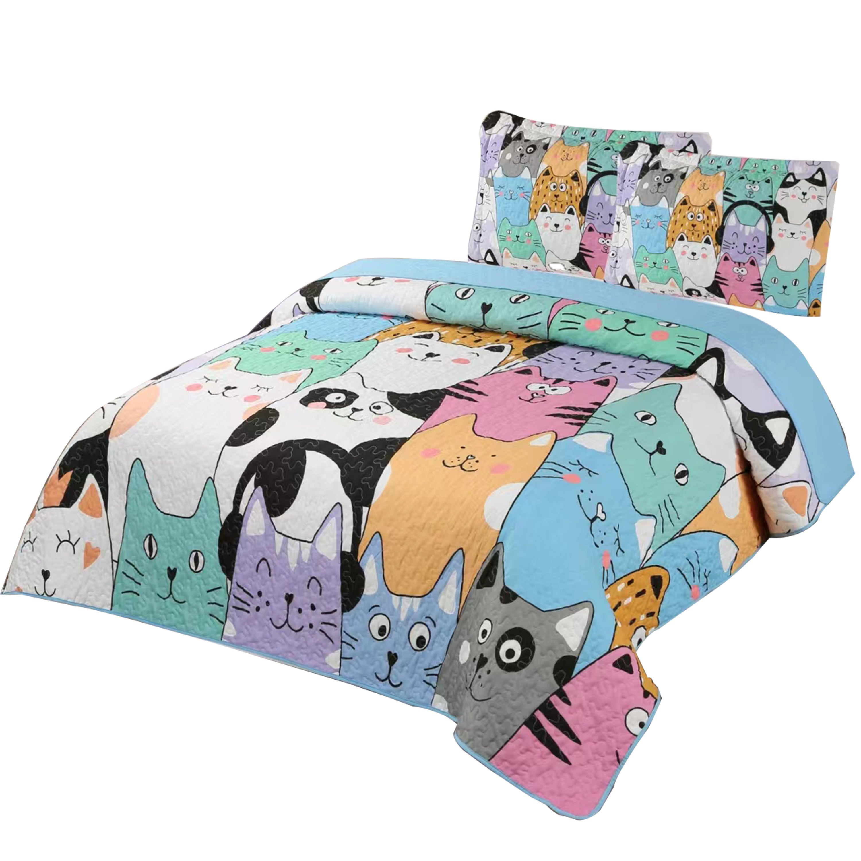 3 Piece Cat Print Quilt Set for Kids - Colorful Bedspread WX202