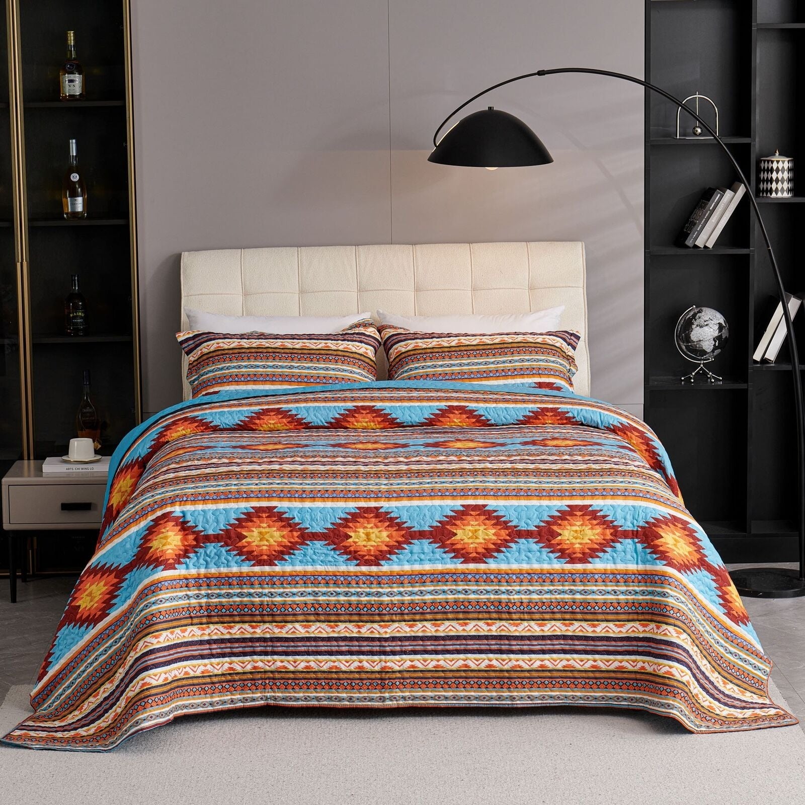 3 Pcs Boho Colorful Polyester Quilt Set, Geometry Printed Bedspread Coverlet Set with 2 Pillowcases,Soft Bohemian Bedding Set