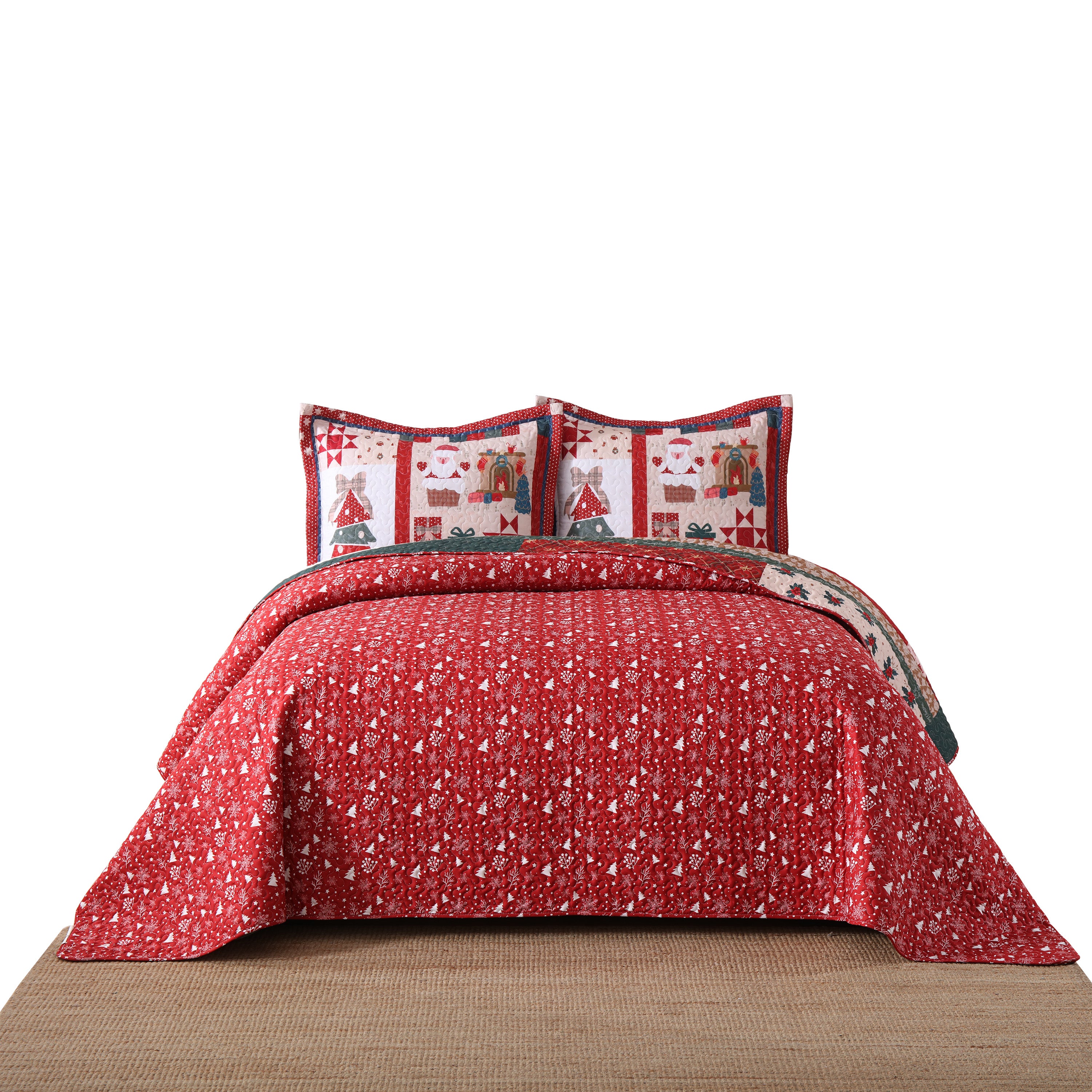 3 Piece Reversible Polyester Vintage Christmas Patchwork Quilt Set Holiday Bedspread BY220