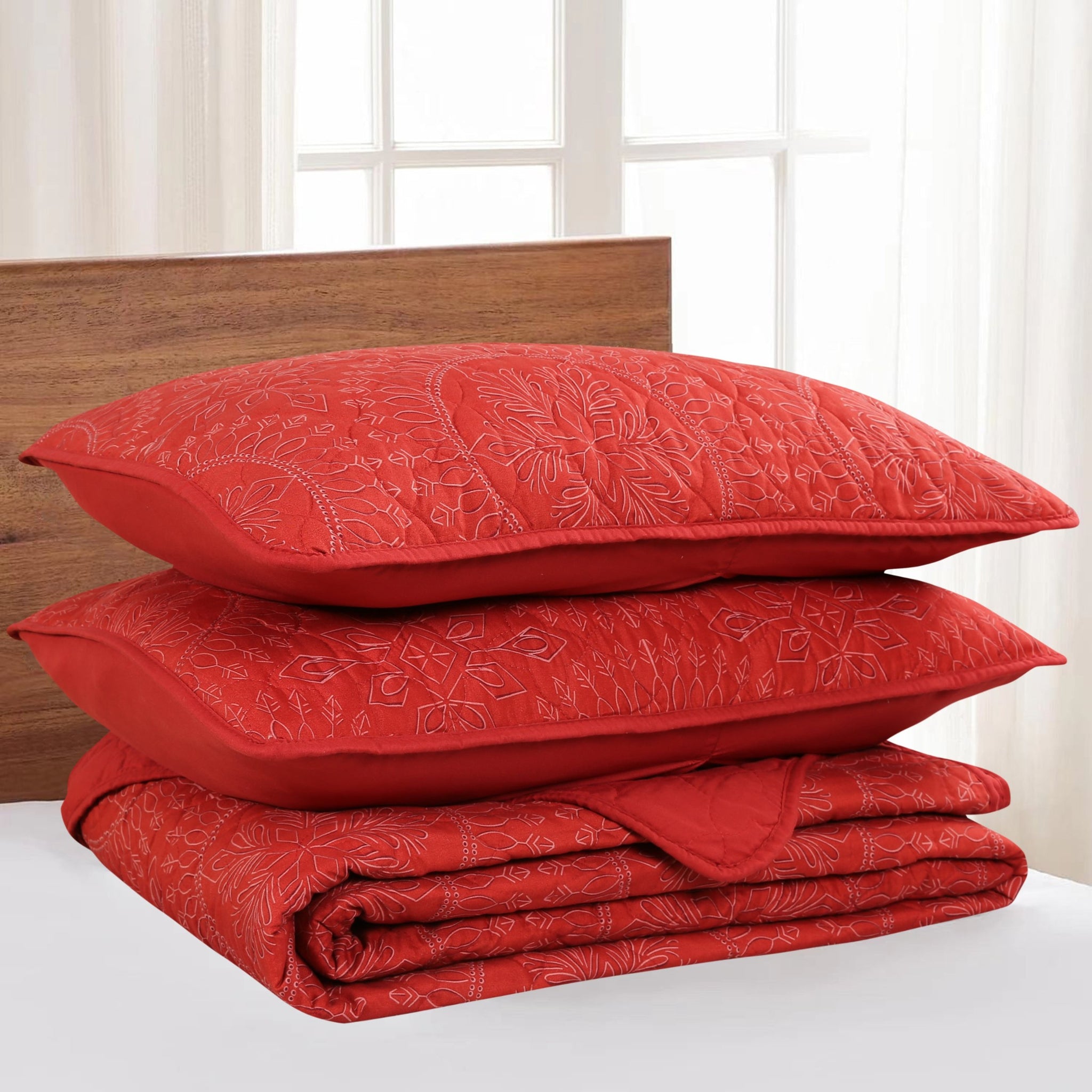 3 Pcs Festive Christmas Quilt Bedspread Set Holiday Bedding Medallion Red