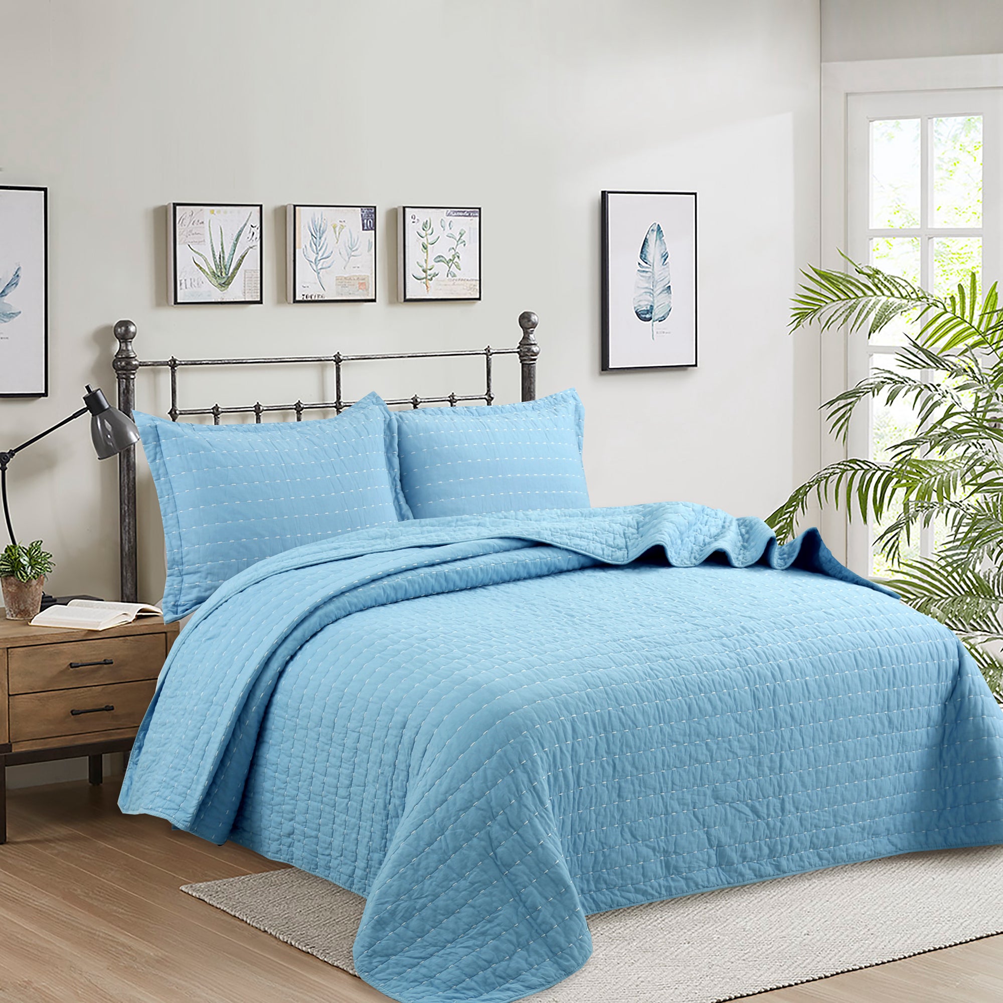 3 Piece 100% Cotton Quilt Set, Oversized Lightweight Channel Quilted Bedspread