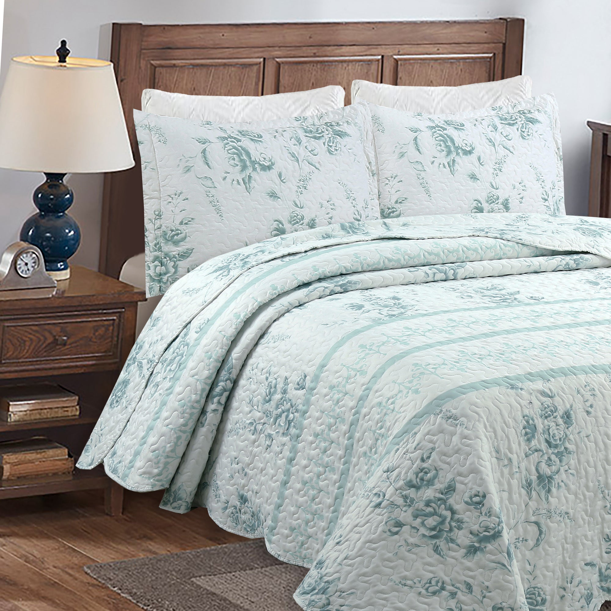 3 Piece Floral Quilt Set, French Country Bedspread C78