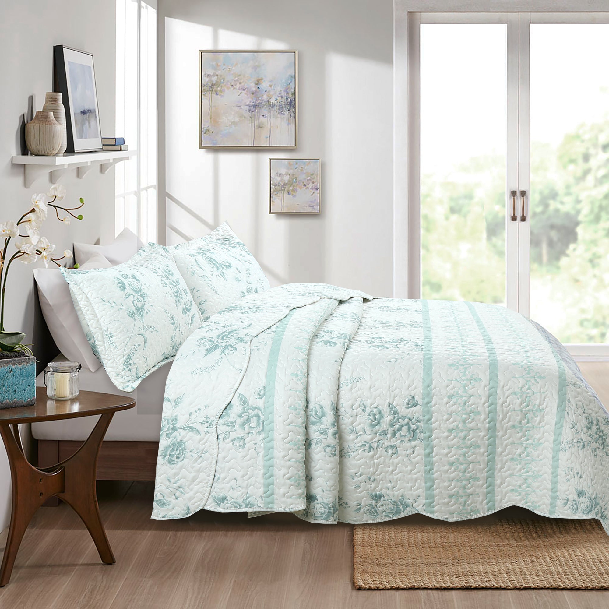 3 Piece Floral Quilt Set, French Country Bedspread C78