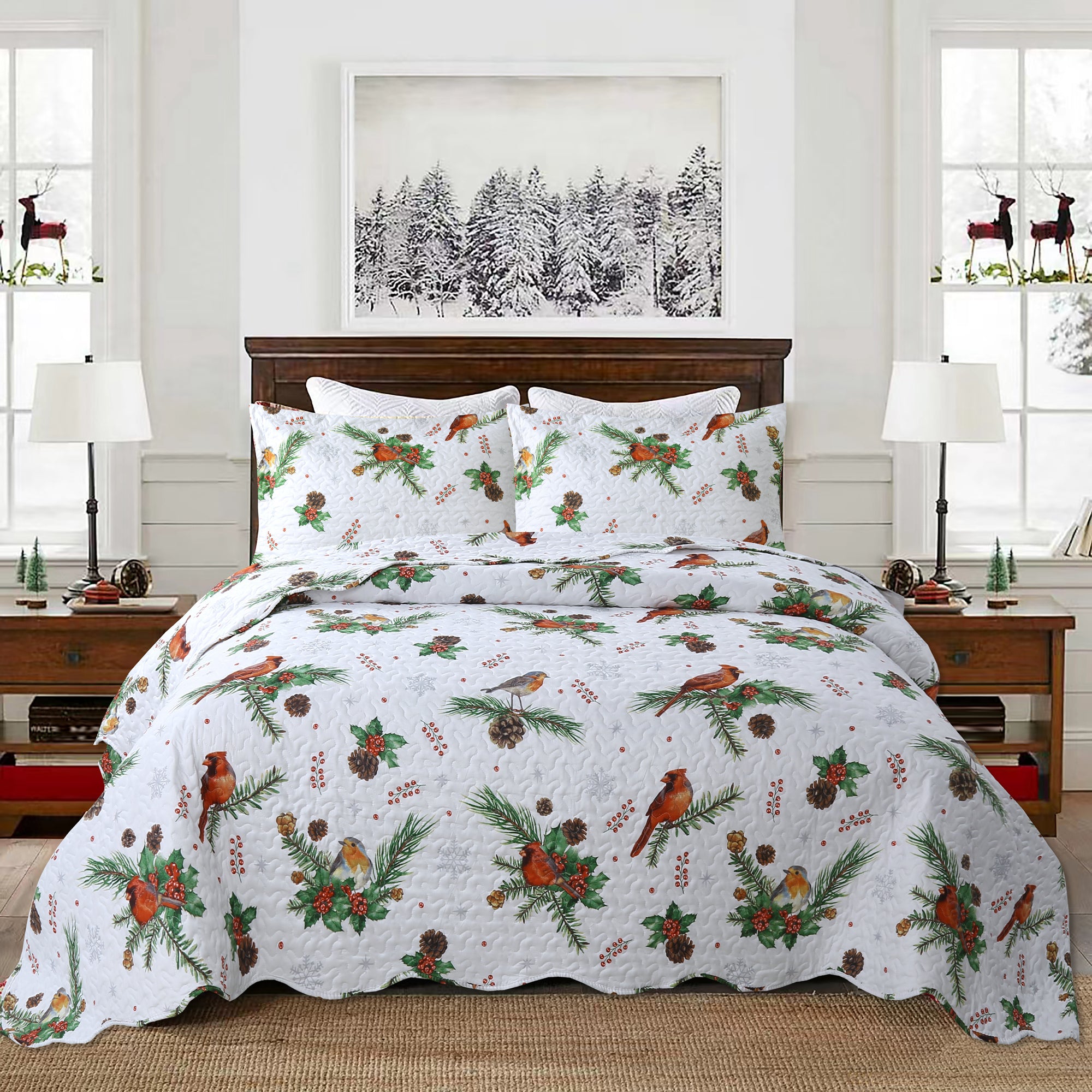 3 Piece Christmas Quilt Set, Red Cardinal Pinecone Bedspread C79