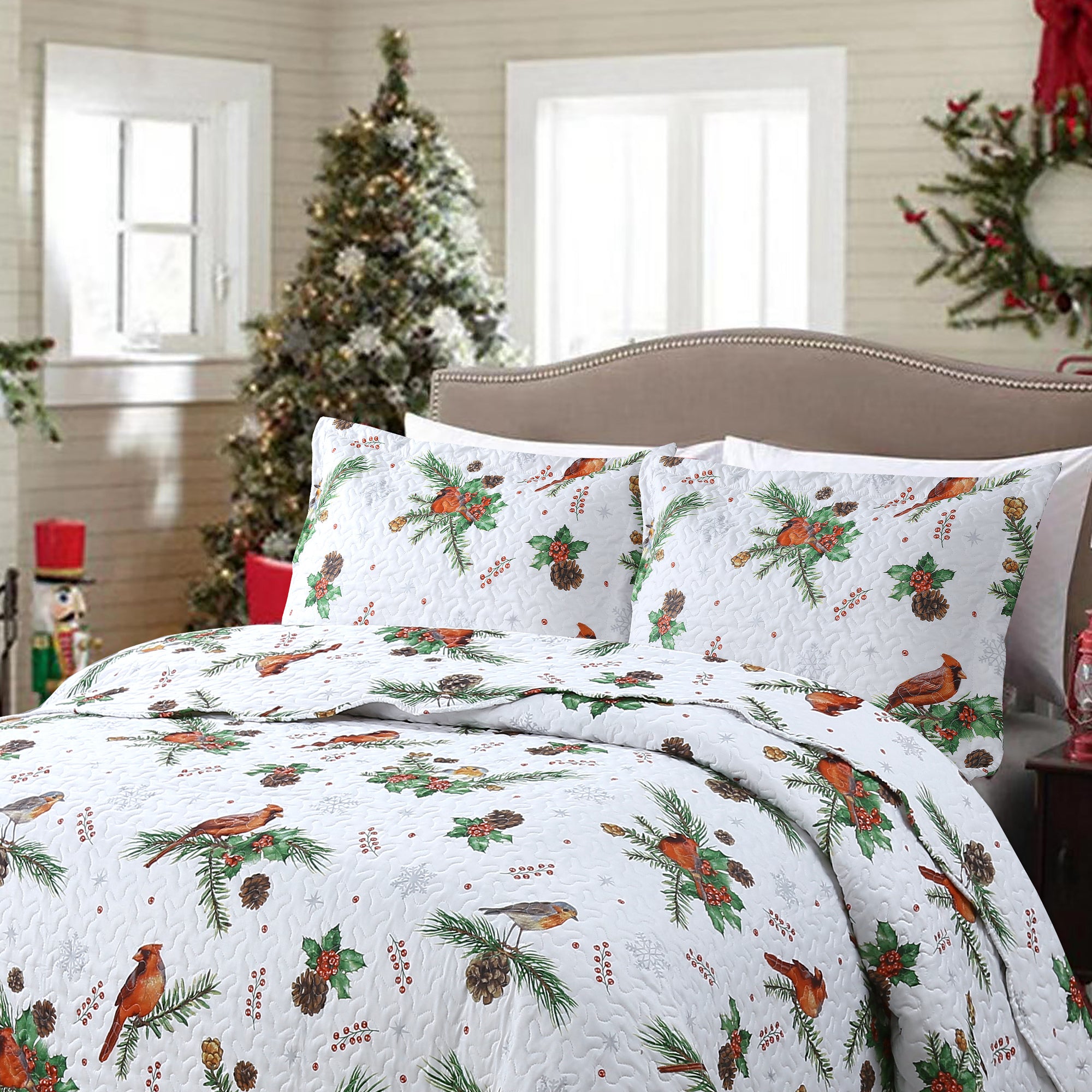 3 Pcs Winter Cardinals Christmas Quilt Bedspread Set C79