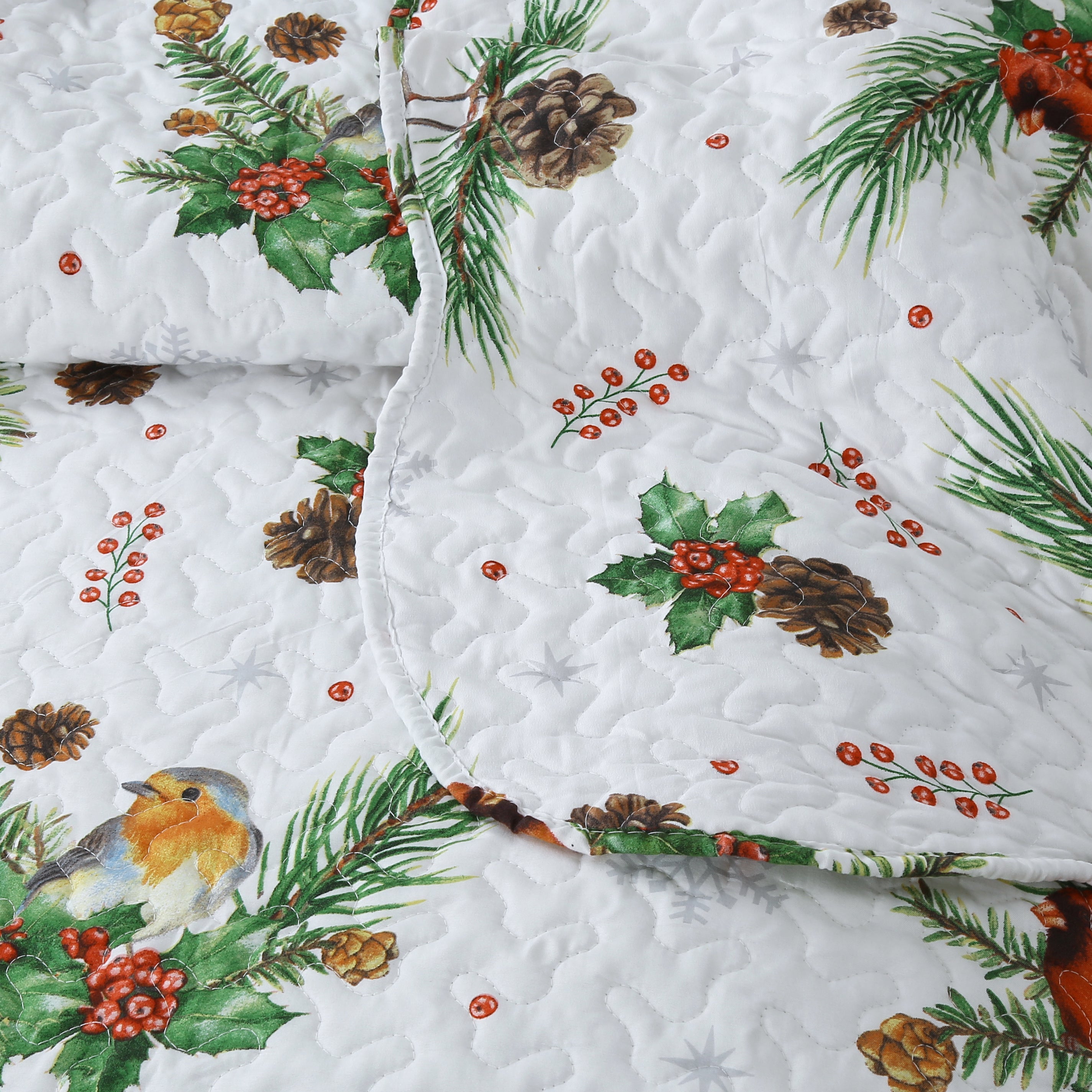3 Piece Christmas Quilt Set, Red Cardinal Pinecone Bedspread C79