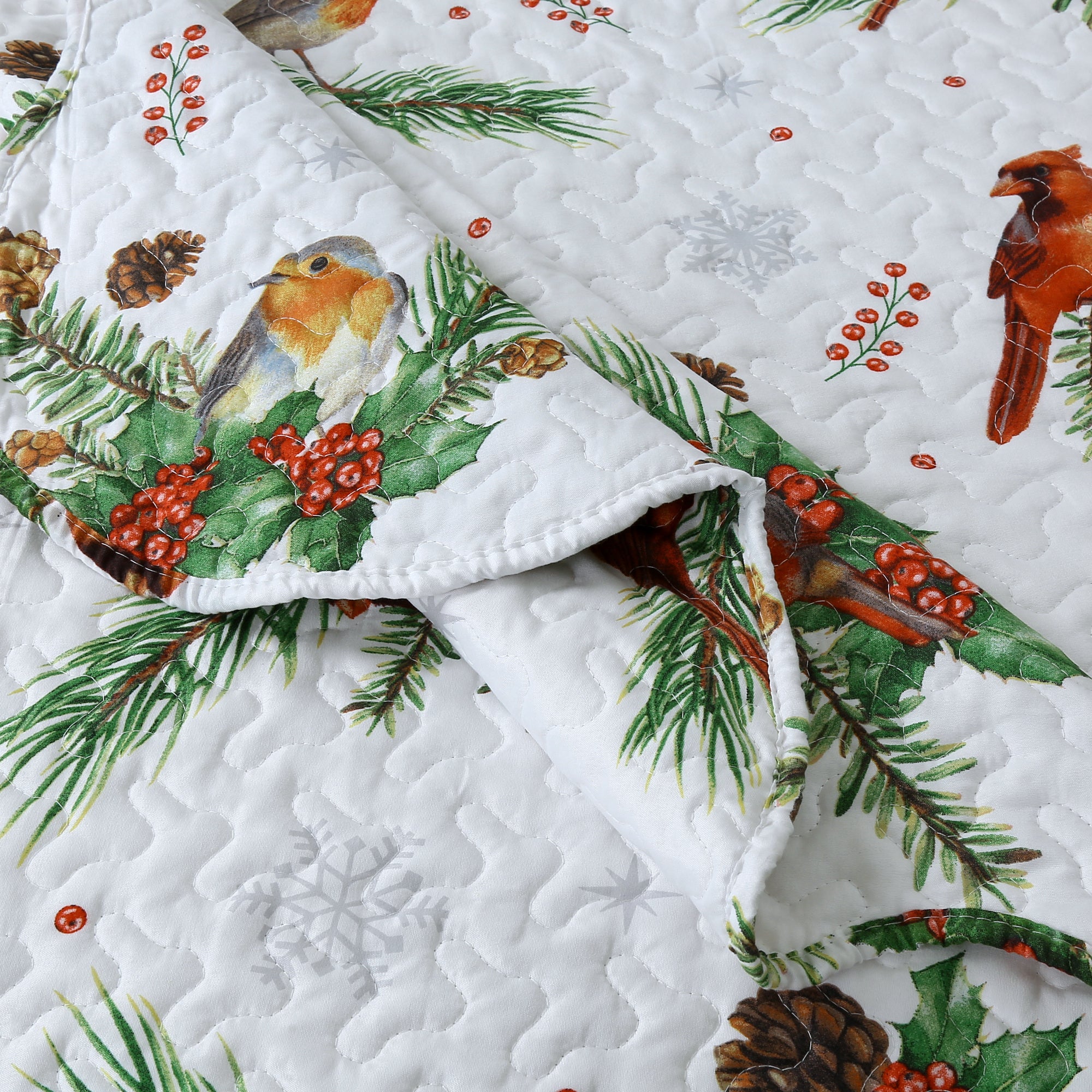 3 Pcs Winter Cardinals Christmas Quilt Bedspread Set C79