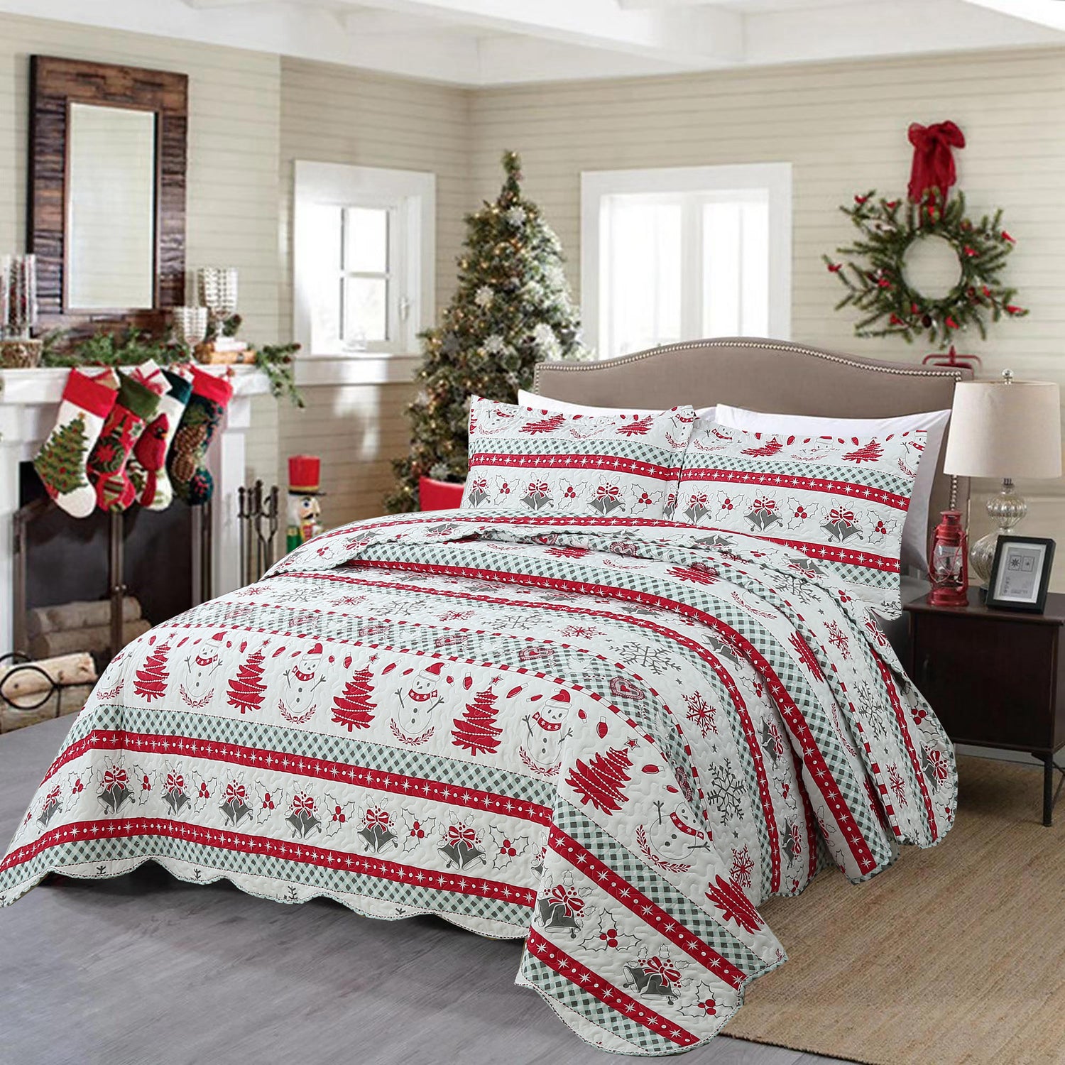 3 Piece Christmas Quilt Set, Snowflake Christmas Tree Bedspread C89
