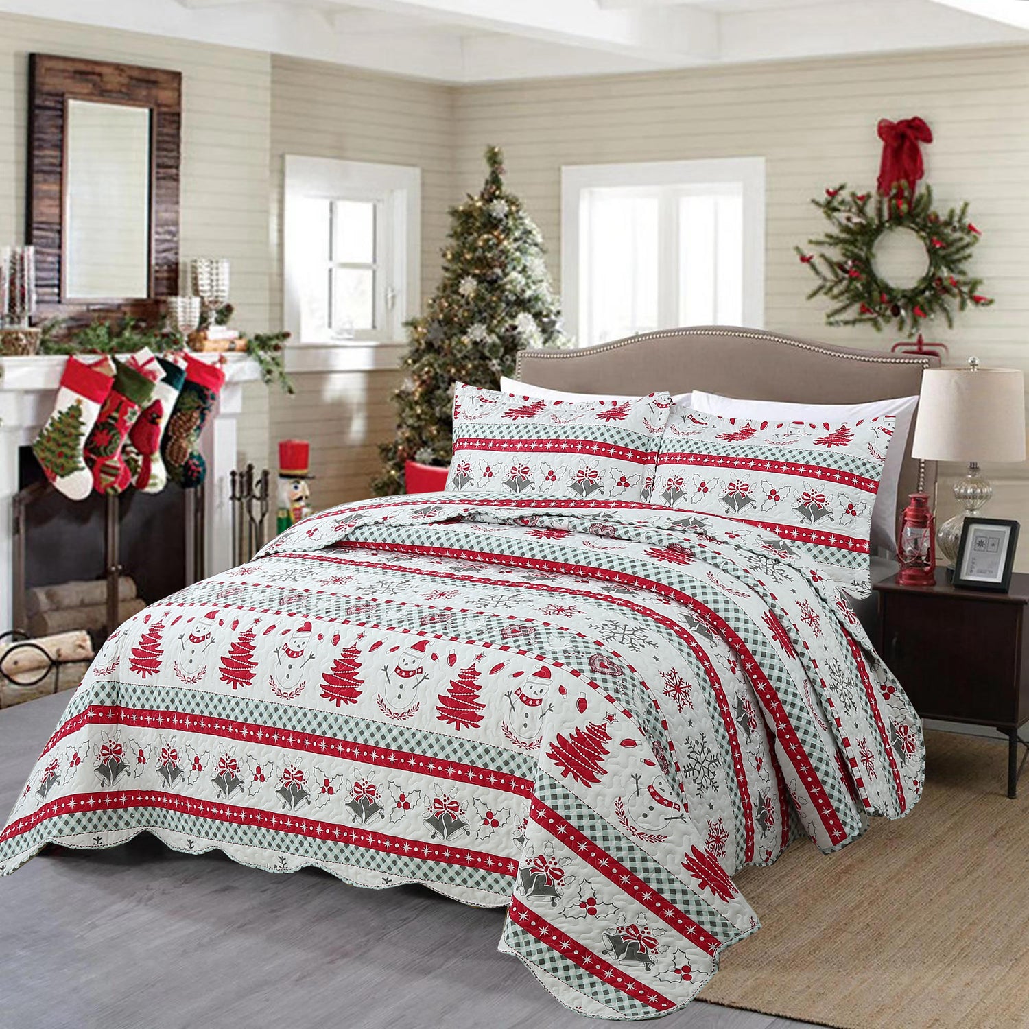 3 Pcs Christmas Quilt Bedspread Set C89