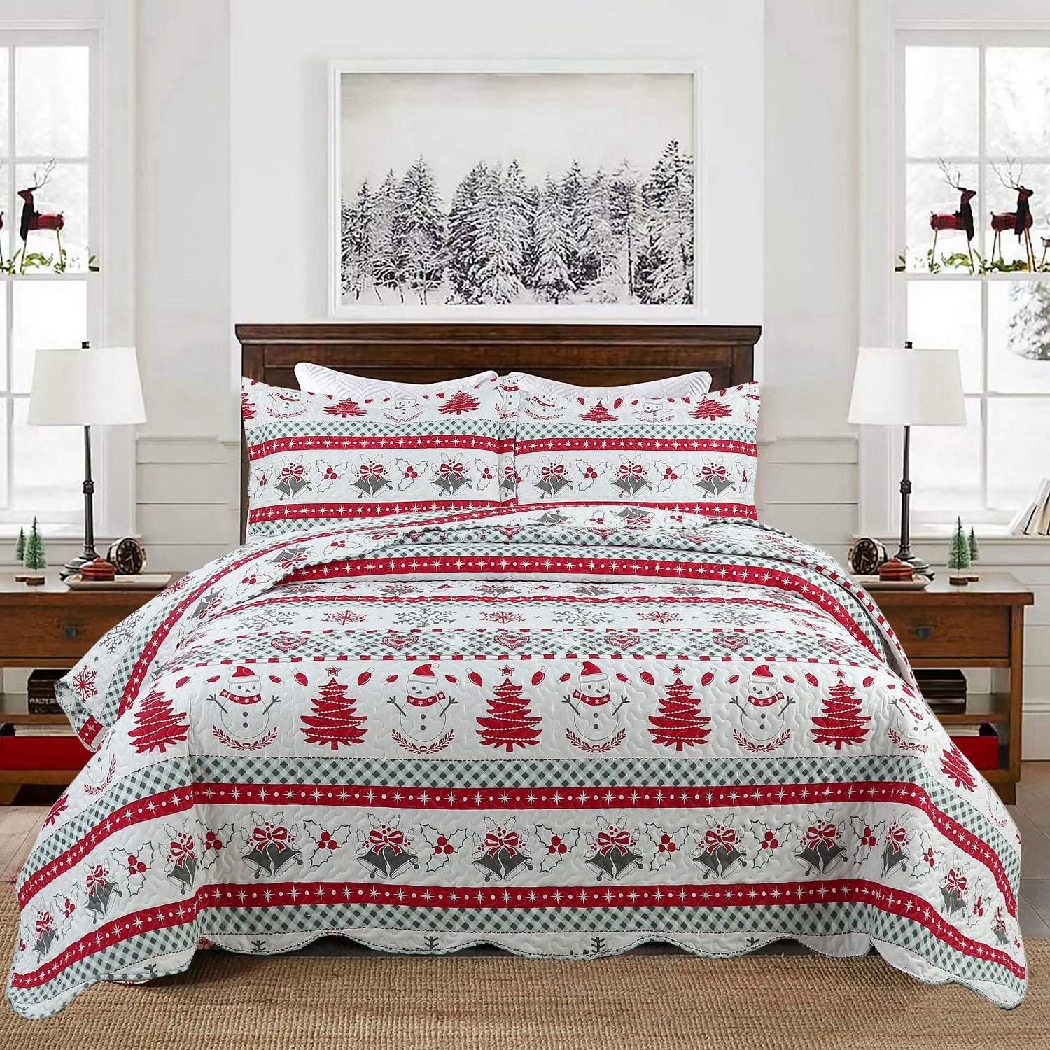 3 Piece Christmas Quilt Set, Snowflake Christmas Tree Bedspread C89