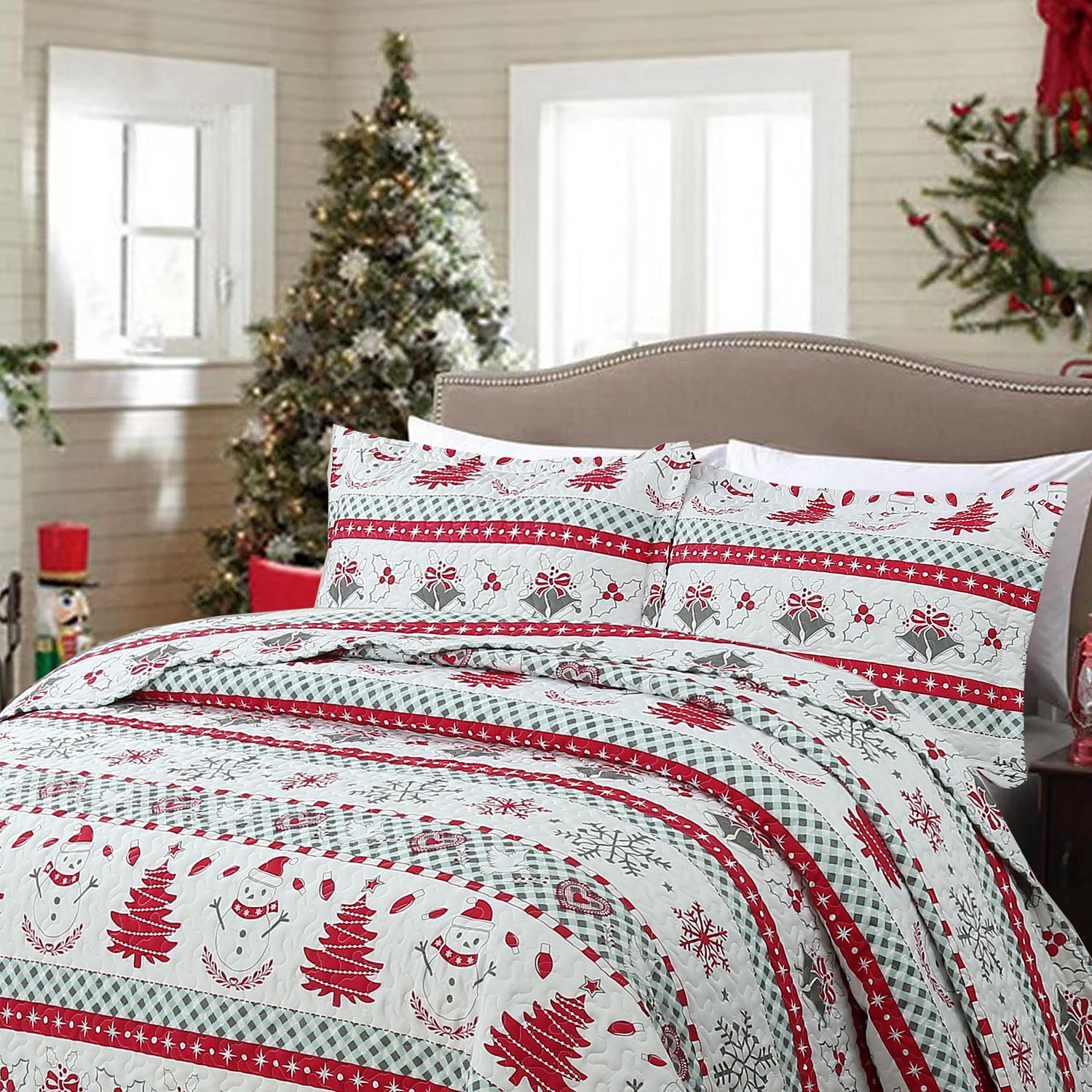 3 Piece Christmas Quilt Set, Snowflake Christmas Tree Bedspread C89