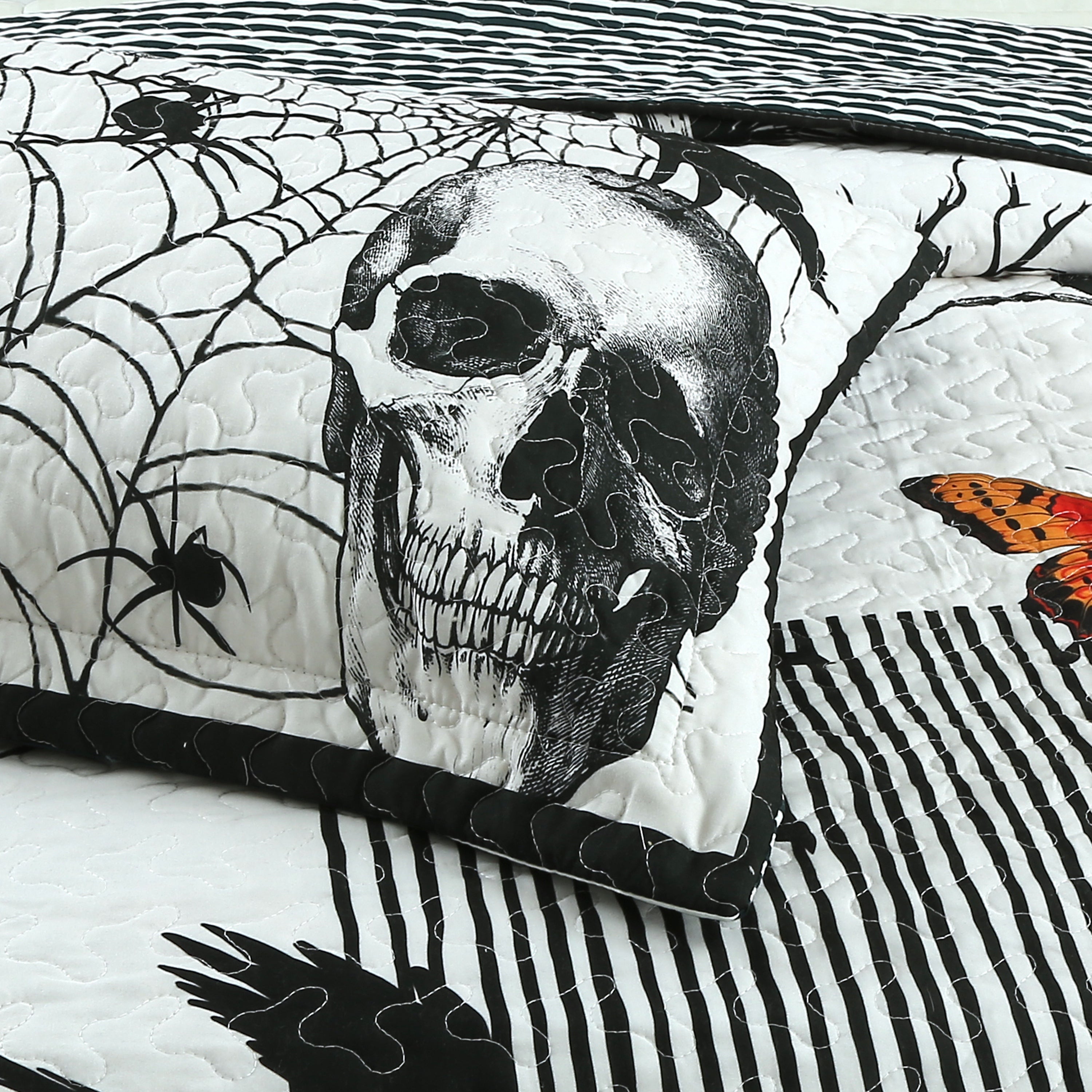 3 Piece Halloween Quilt Set - Skull & Pumpkin Print Bedspread ME500