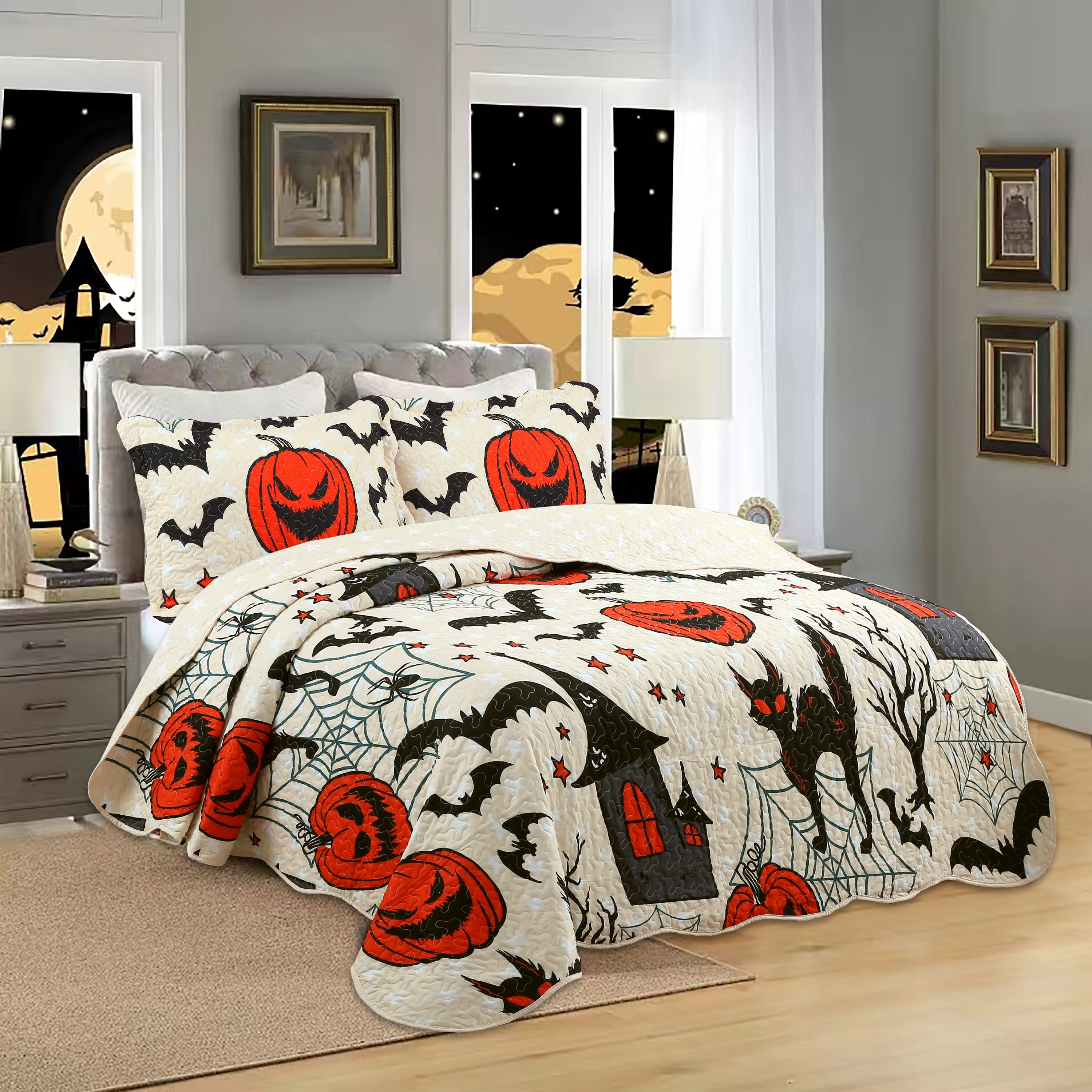 3 Piece Halloween Quilt Set - Pumpkin & Bat Print Bedspread ME503