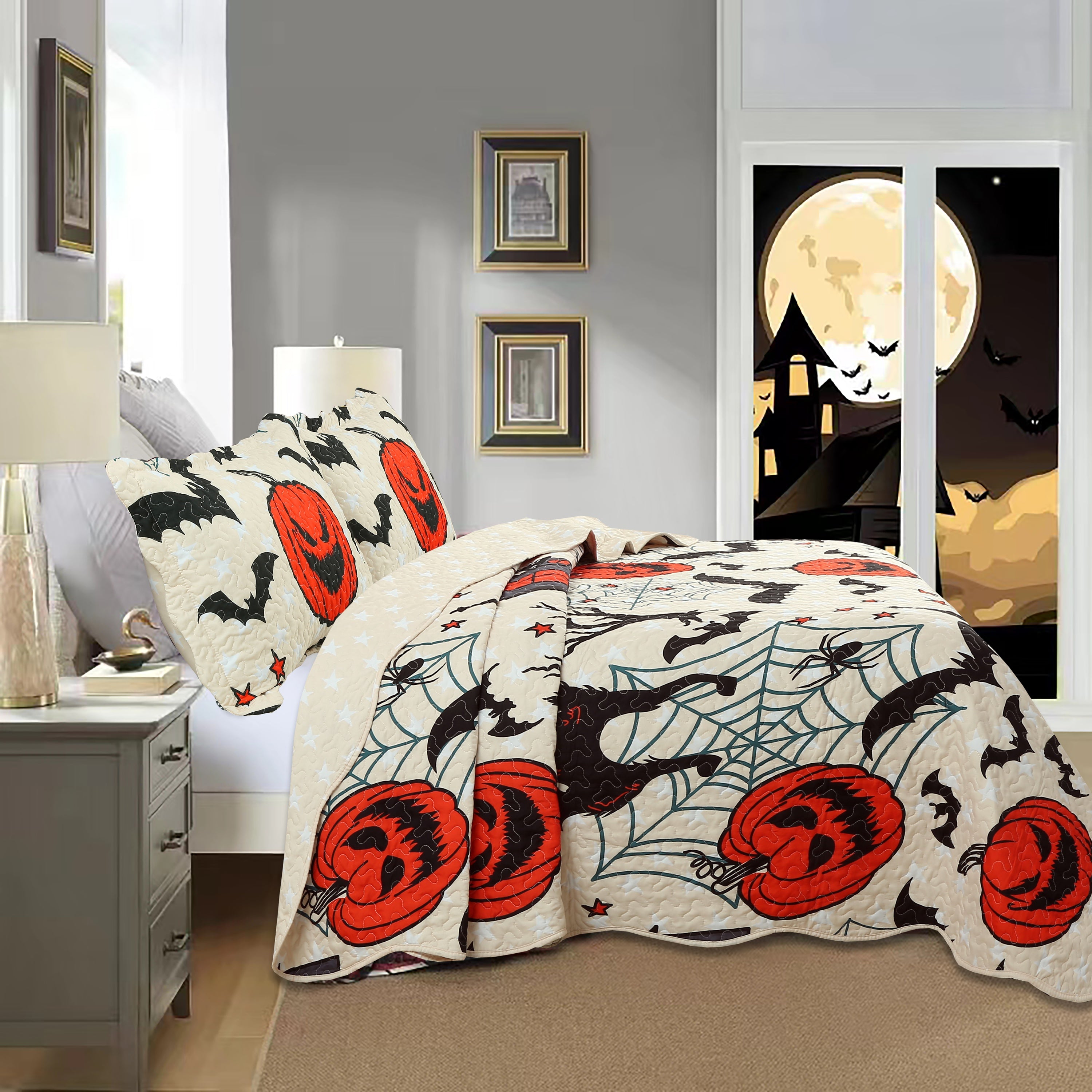 3 Piece Halloween Quilt Set - Pumpkin & Bat Print Bedspread ME503