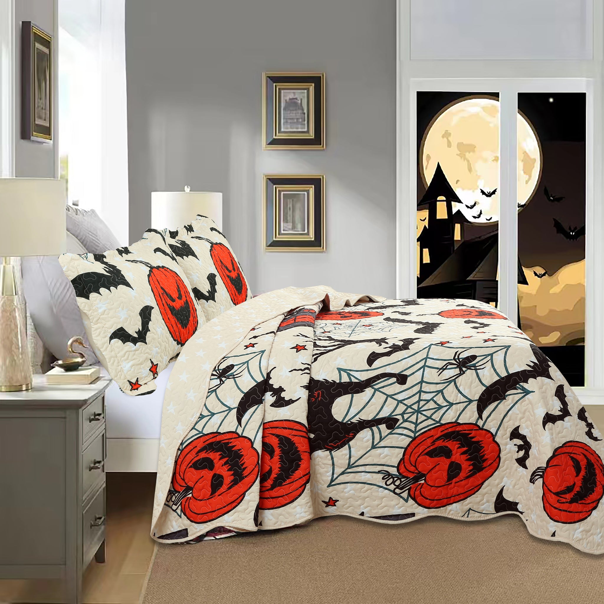 Twin/Full Size Halloween Themed Quilt Bedspread Set - Pumpkins, Black Cats, Bats, and Haunted Houses ME503