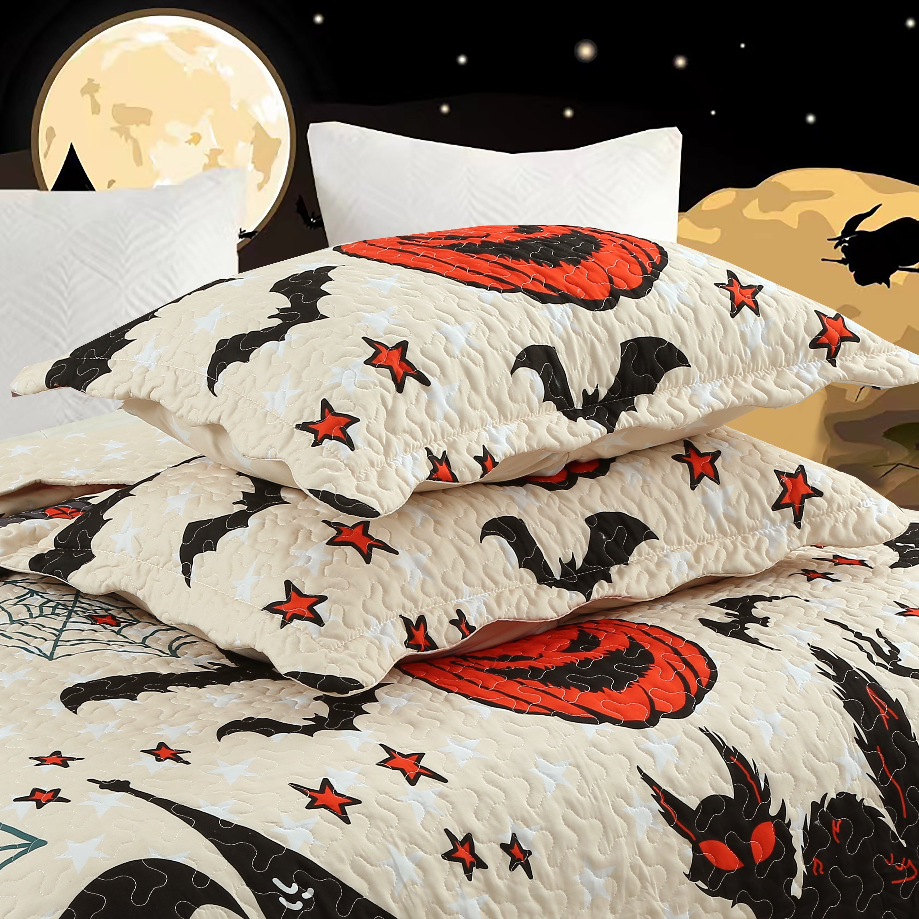 3 Piece Halloween Quilt Set - Pumpkin & Bat Print Bedspread ME503