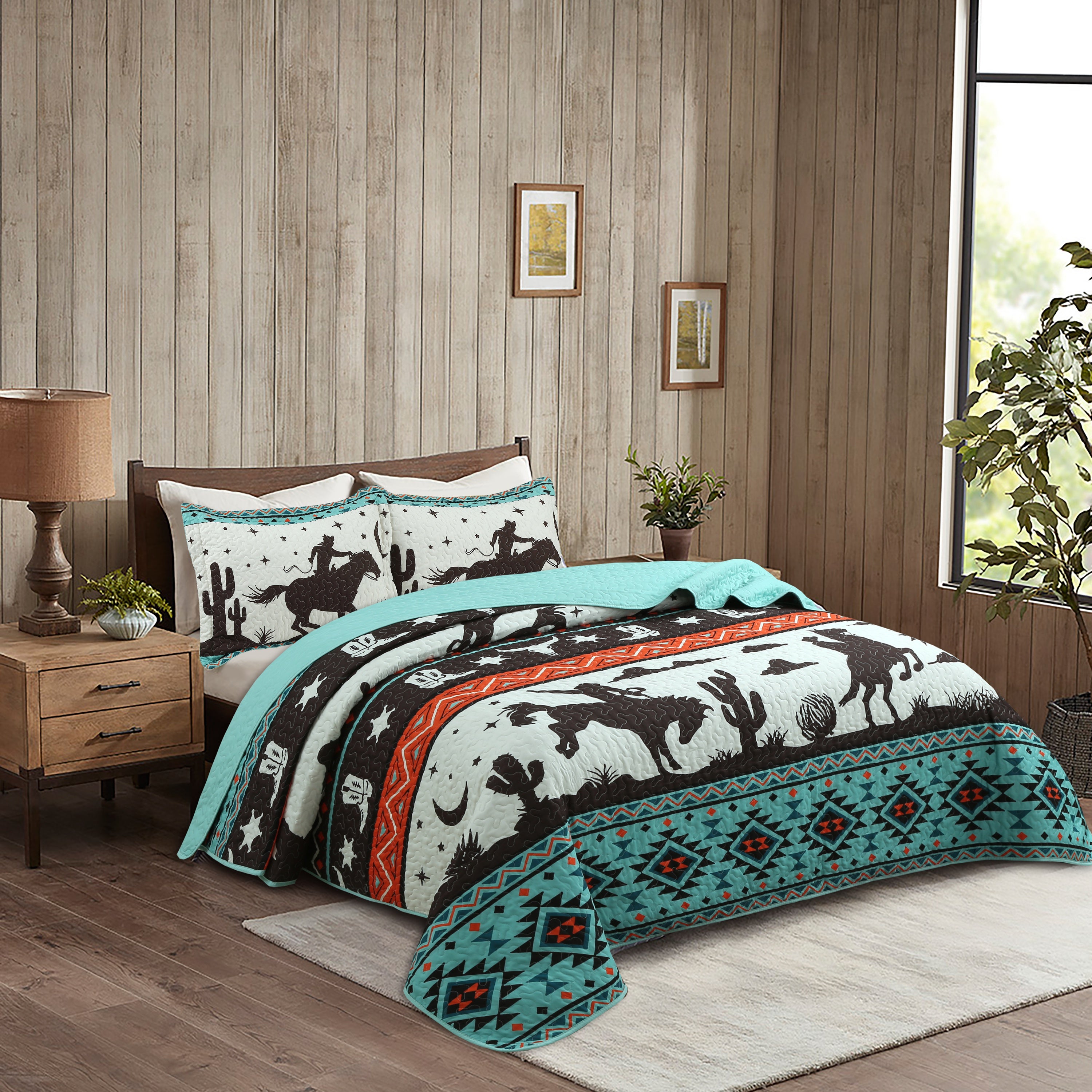 3 Piece Southwestern Cowboy Quilt Set - Western Horse Bedspread ME501
