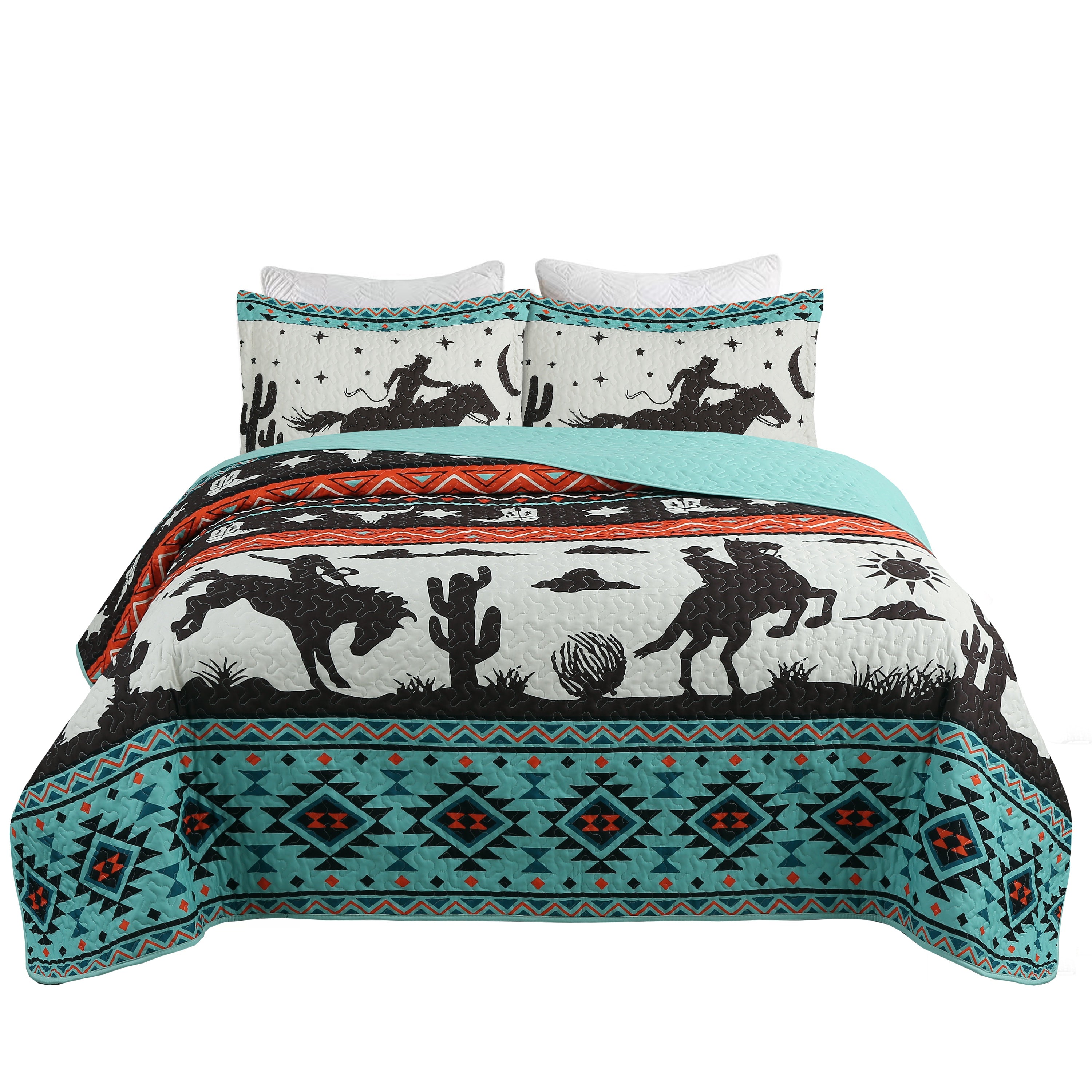 3 Piece Southwestern Cowboy Quilt Set - Western Horse Bedspread ME501
