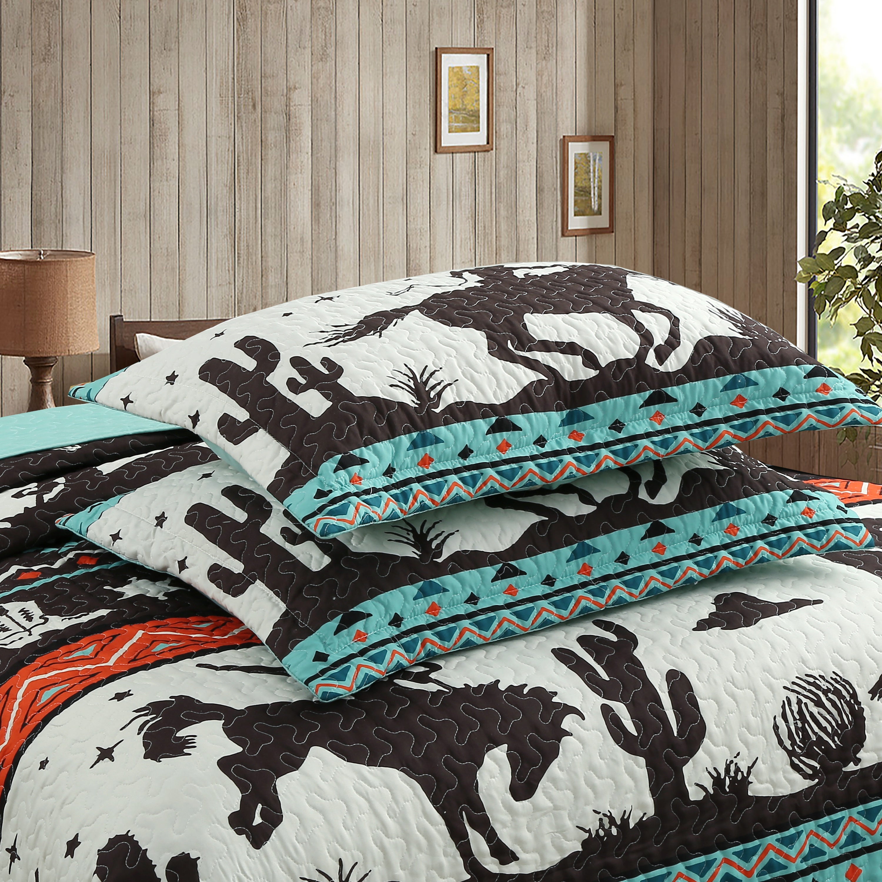 3 Piece Southwestern Cowboy Quilt Set - Western Horse Bedspread ME501