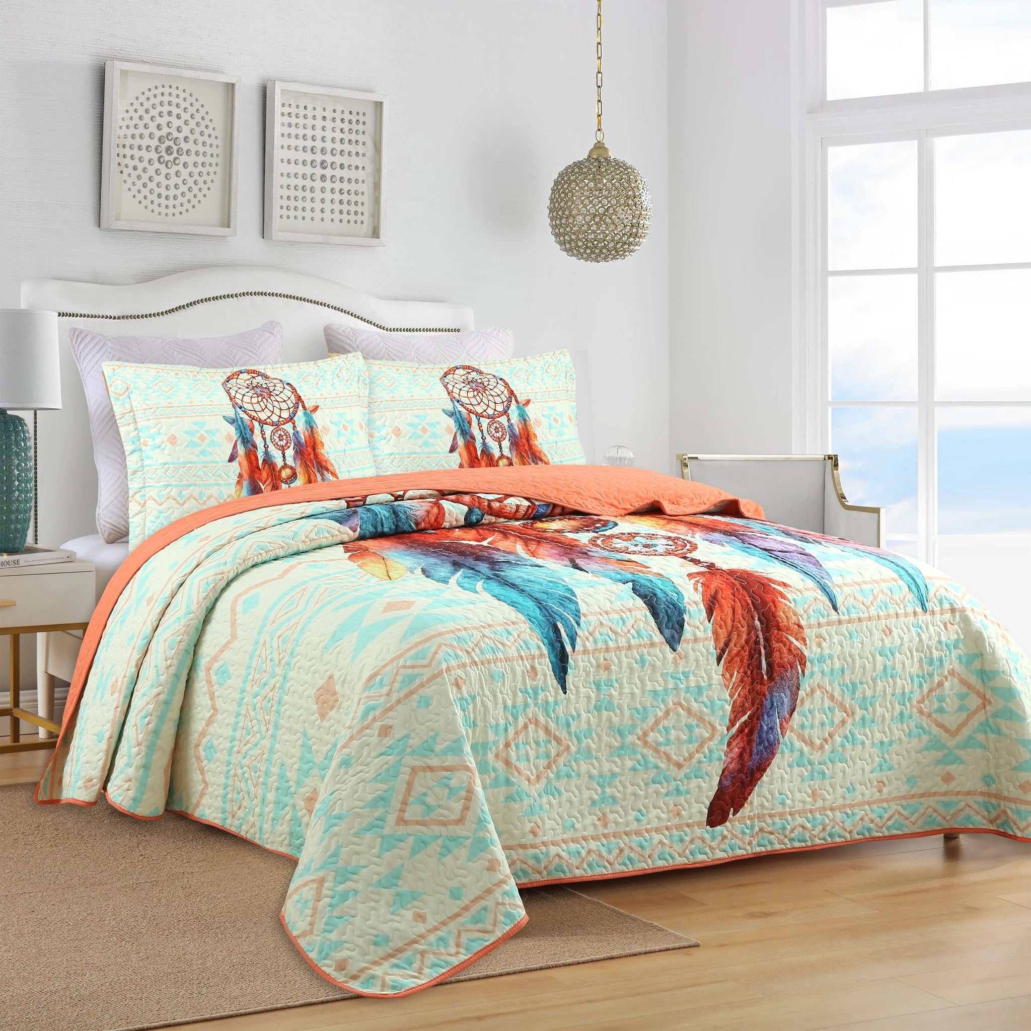 3 Piece Dream Catcher Quilt Bedspread Set - Soft and Stylish Dreamcatcher and Feather Design ME502