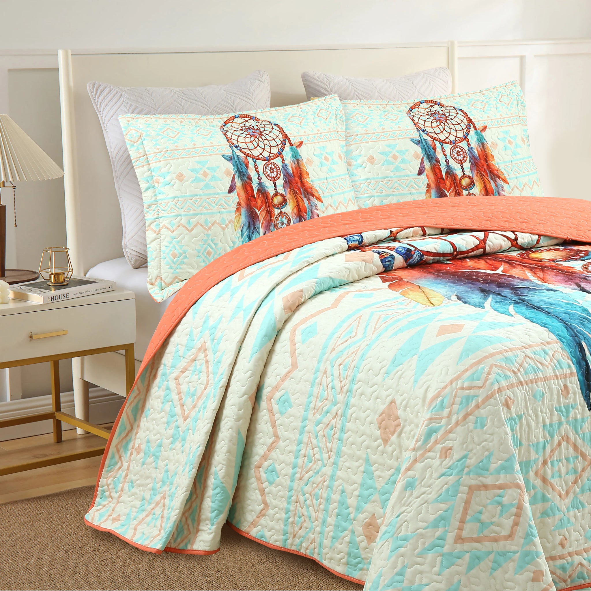 3 Piece Dream Catcher Quilt Bedspread Set - Soft and Stylish Dreamcatcher and Feather Design ME502