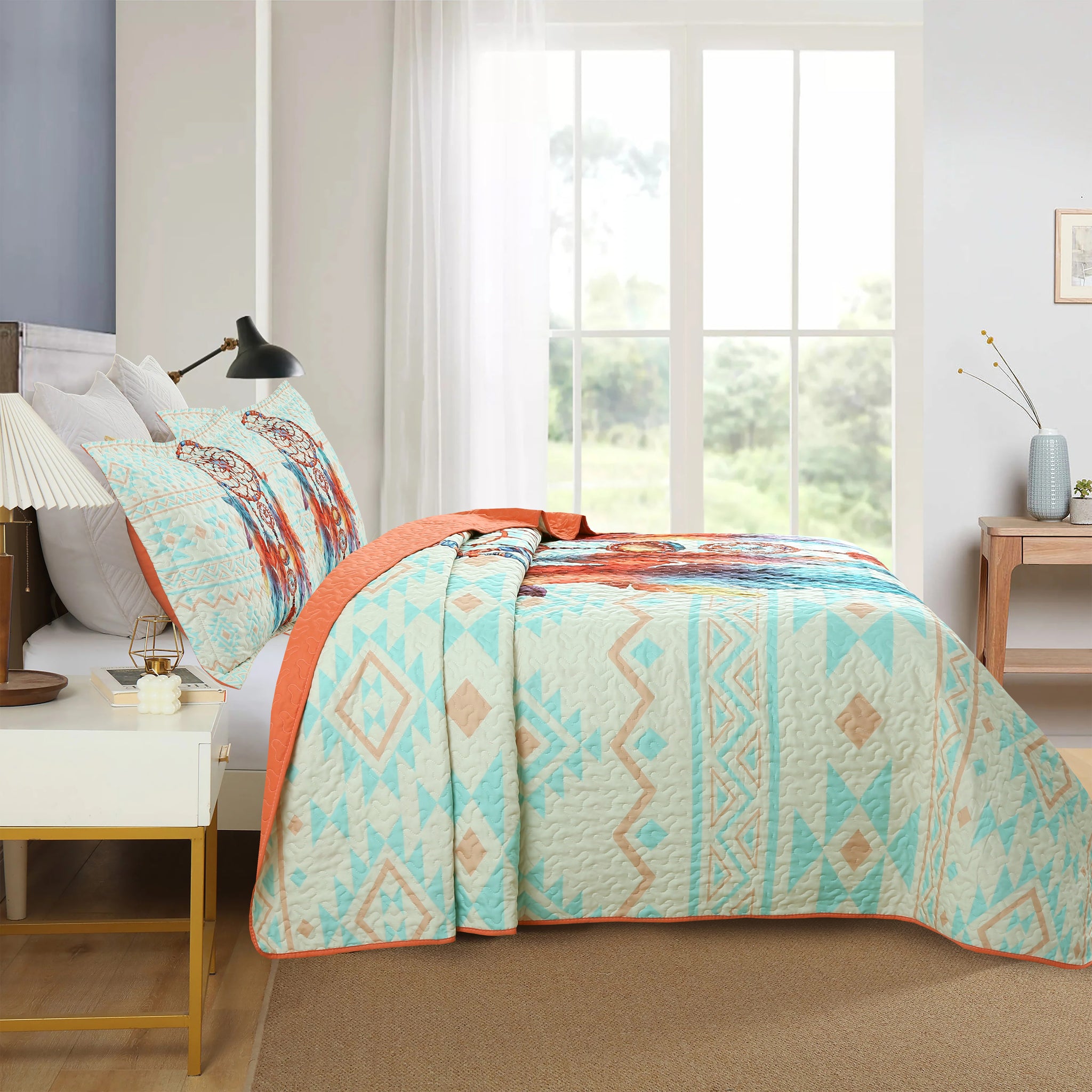 3 Piece Dream Catcher Quilt Bedspread Set - Soft and Stylish Dreamcatcher and Feather Design ME502