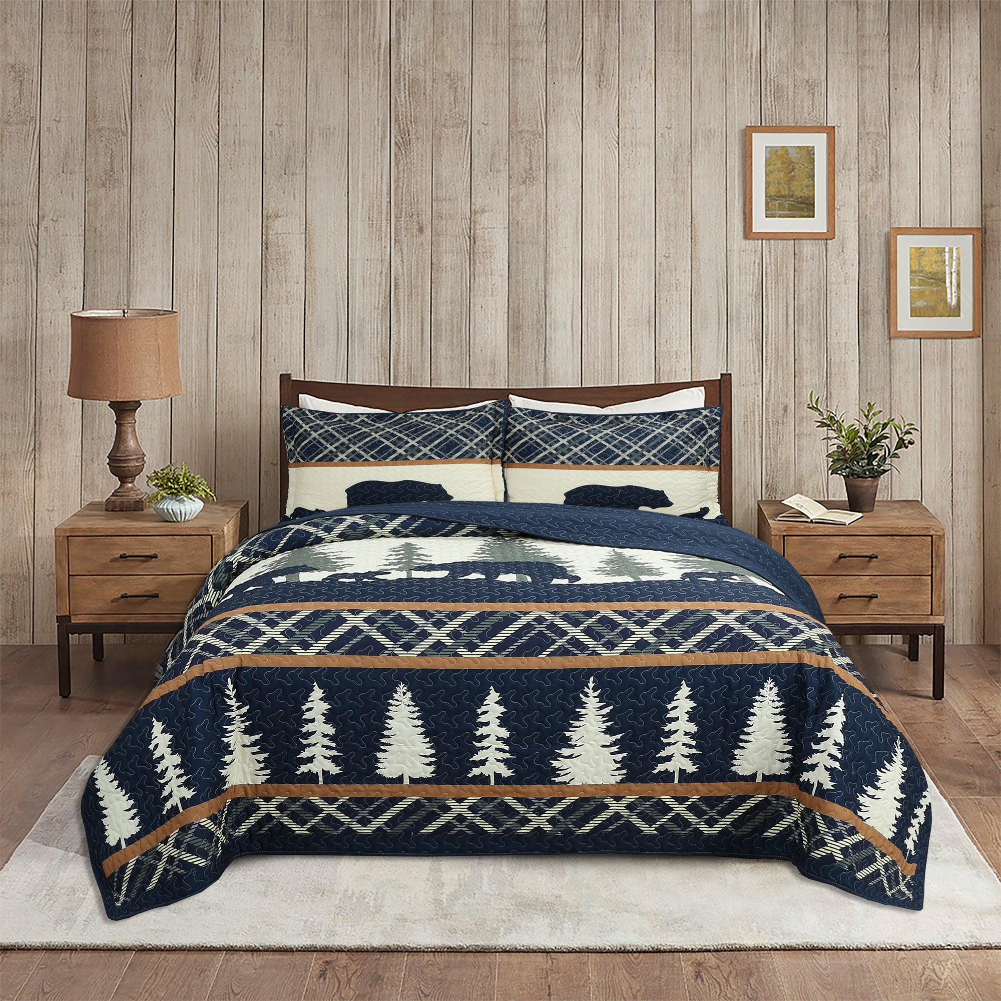3 Piece Rustic Cabin Bear Forest Quilt Set – Lodge Country Bedspread ME504